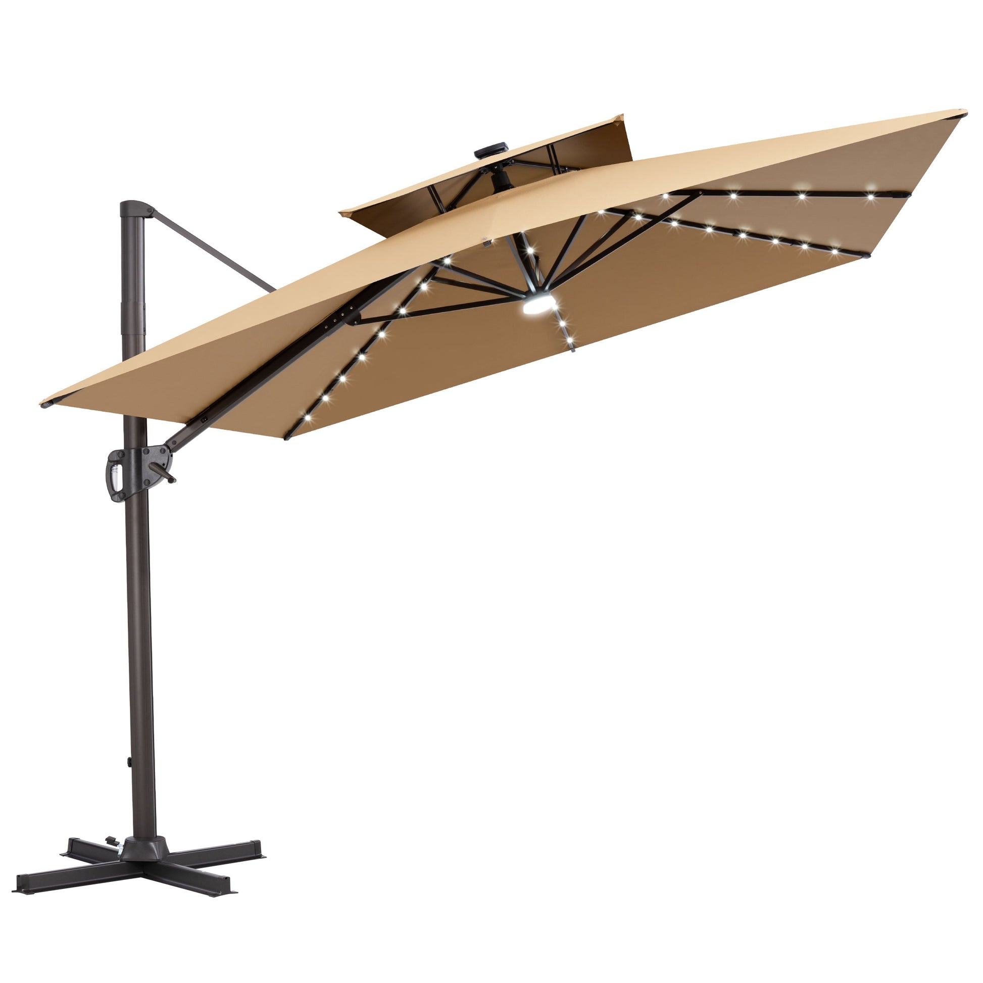 Tilted Crestlive 12x9 ft beige lighted cantilever patio umbrella with solar LED lights and steel cross base