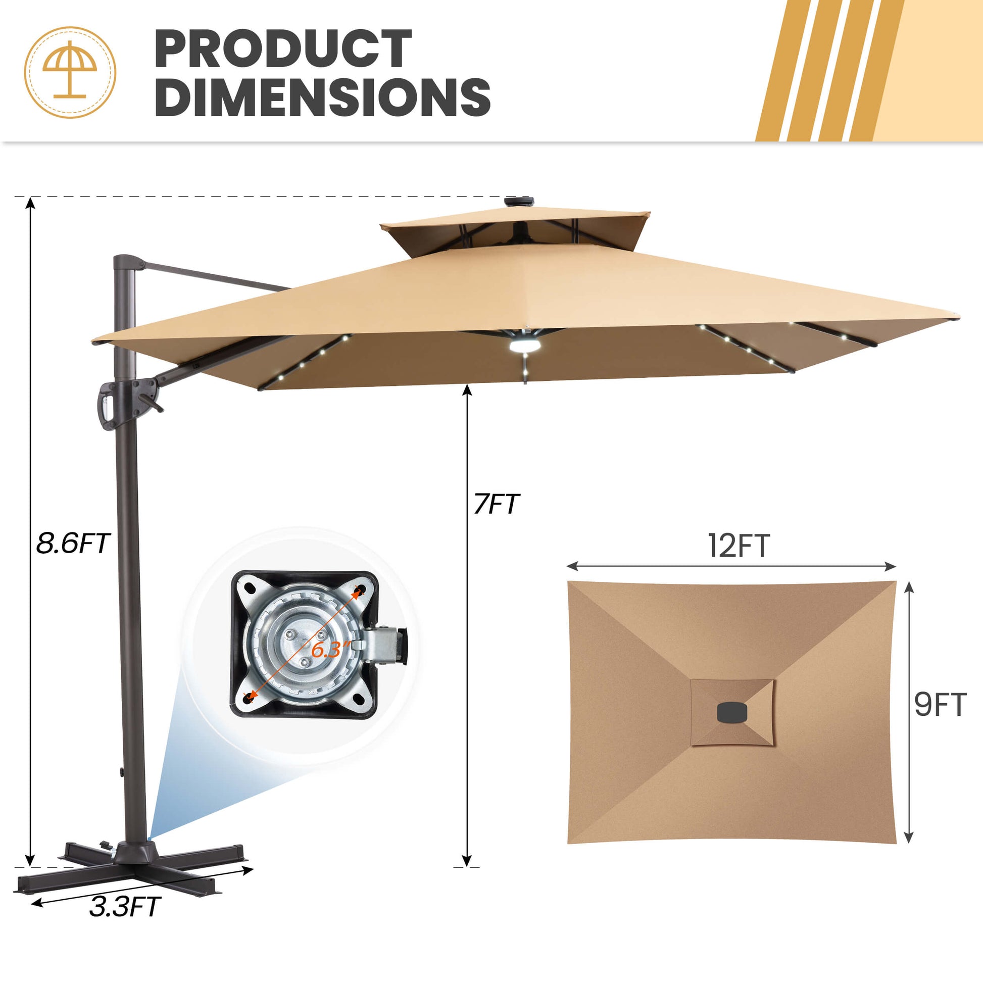 Size guide for Crestlive 12x9 ft beige lighted cross base umbrella showing 8.6ft height and 6.3 inch hole distance