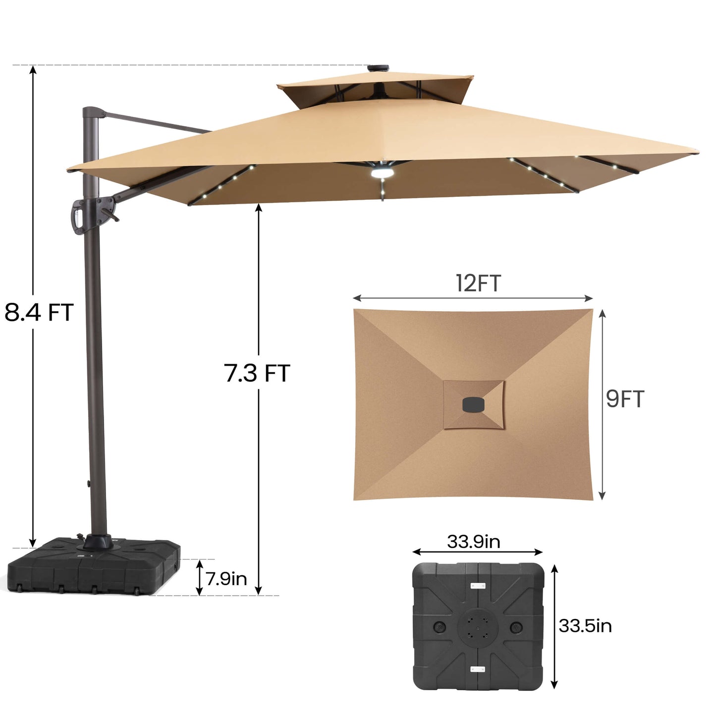 Size guide for Crestlive 12x9 ft beige lighted cantilever umbrella showing 8.4ft total height and base dimensions