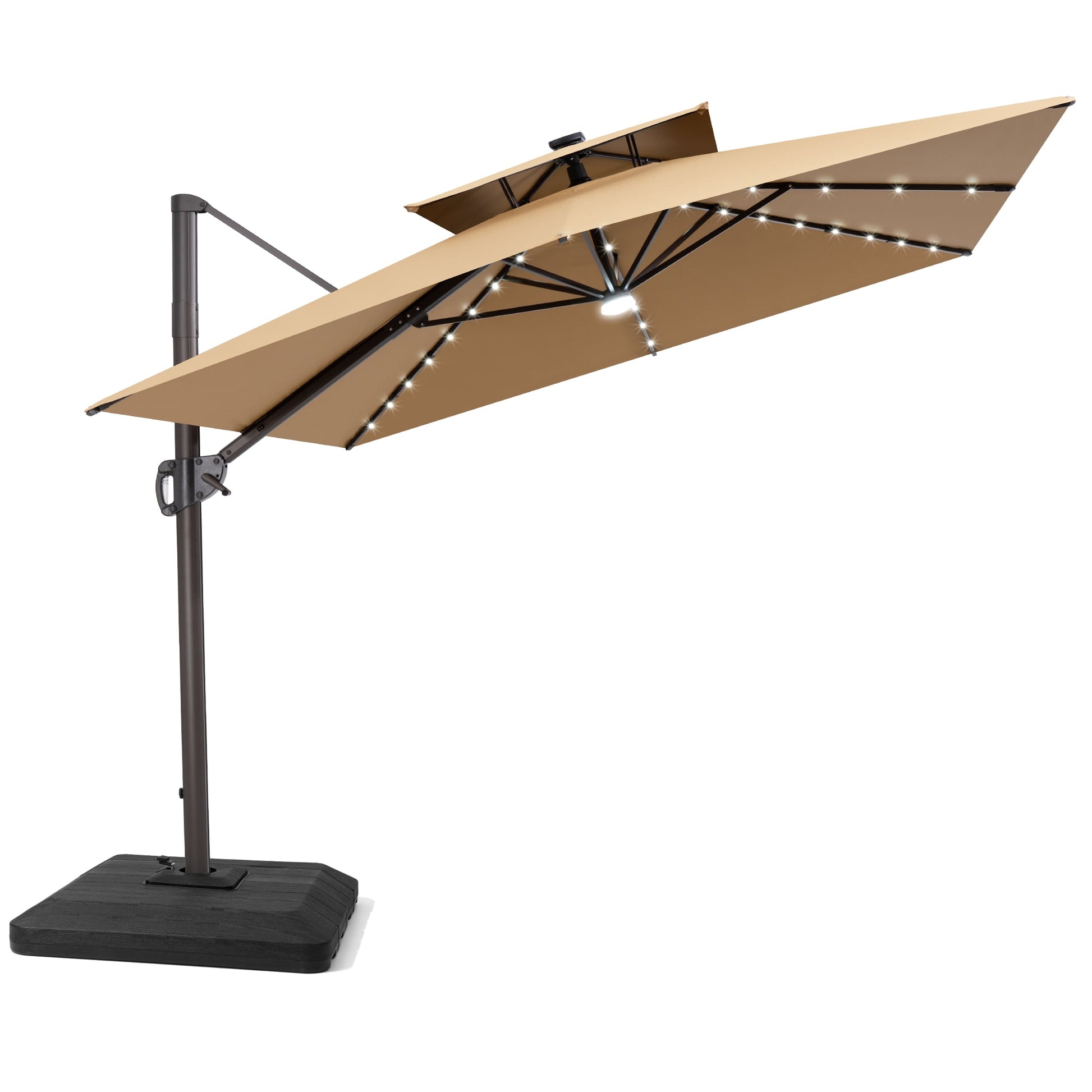 Tilted Crestlive 12x9 ft beige lighted cantilever patio umbrella with solar LED lights and low-profile base