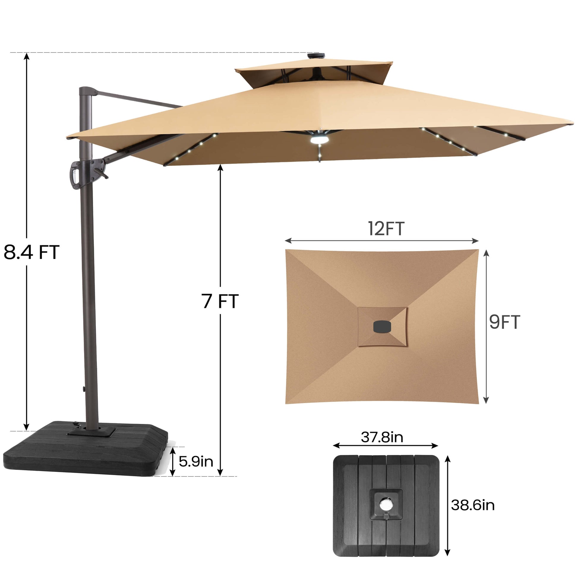Size guide for Crestlive 12x9 ft beige lighted cantilever umbrella showing 8.4ft total height and low-profile base