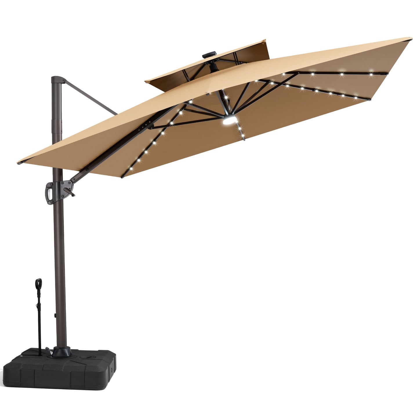 Tilted Crestlive 12x9 ft beige lighted cantilever patio umbrella with solar LED lights and wheeled base