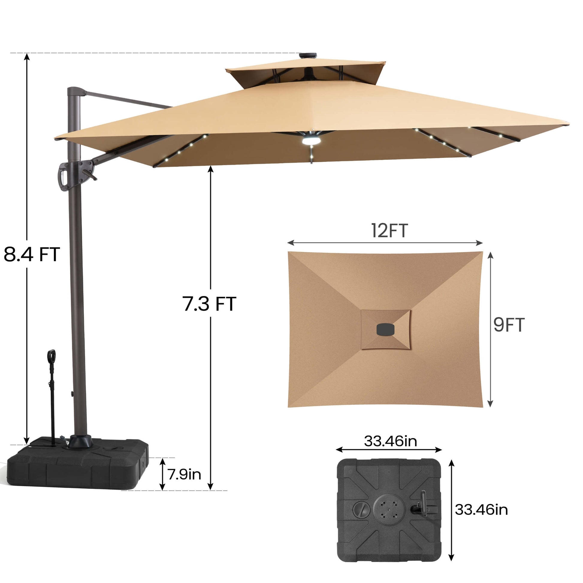 Size guide for Crestlive 12x9 ft beige lighted cantilever umbrella showing 8.4ft total height and wheeled base