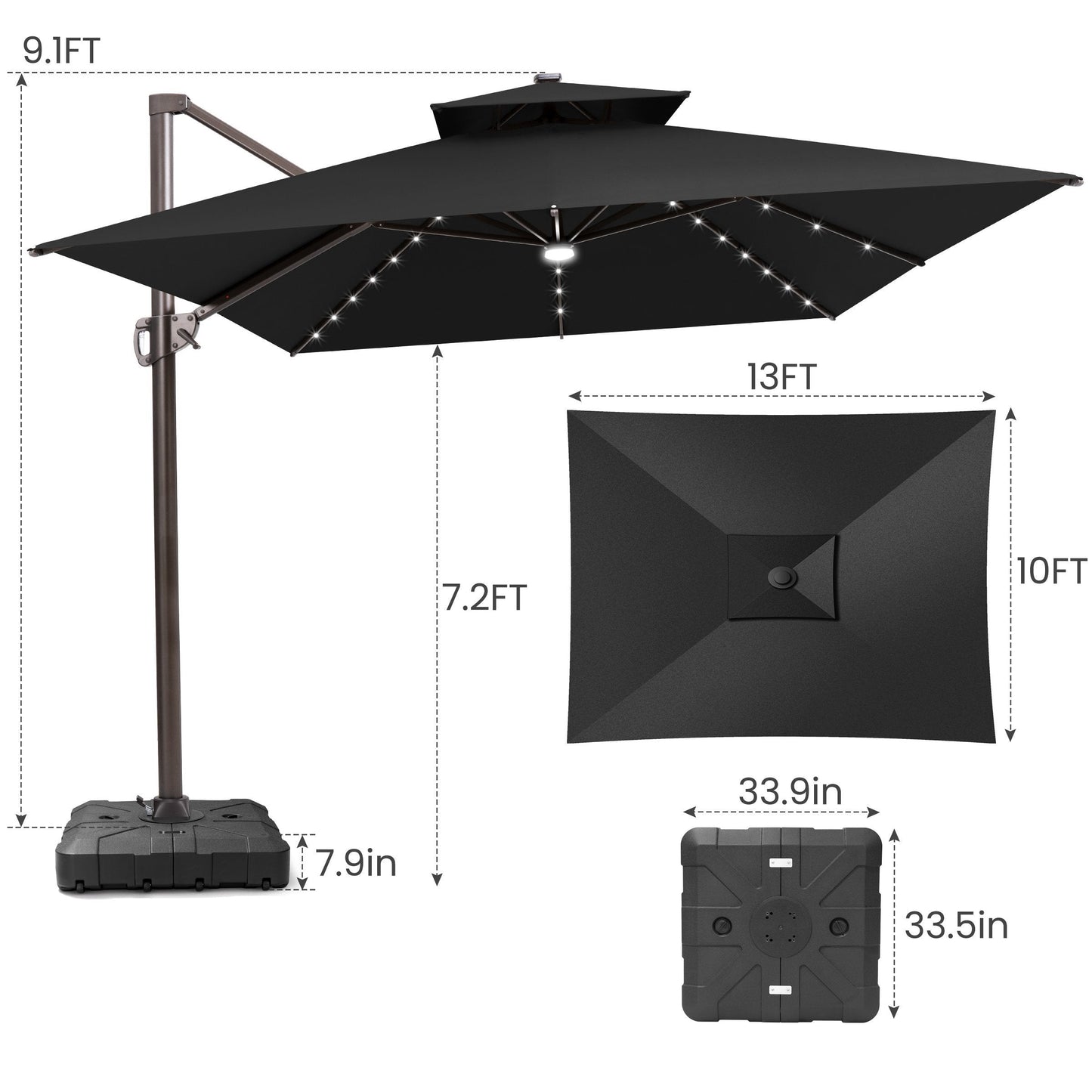 Size guide for Crestlive 13x10 ft black cantilever patio umbrella showing 9.1ft total height and 7.2ft canopy clearance