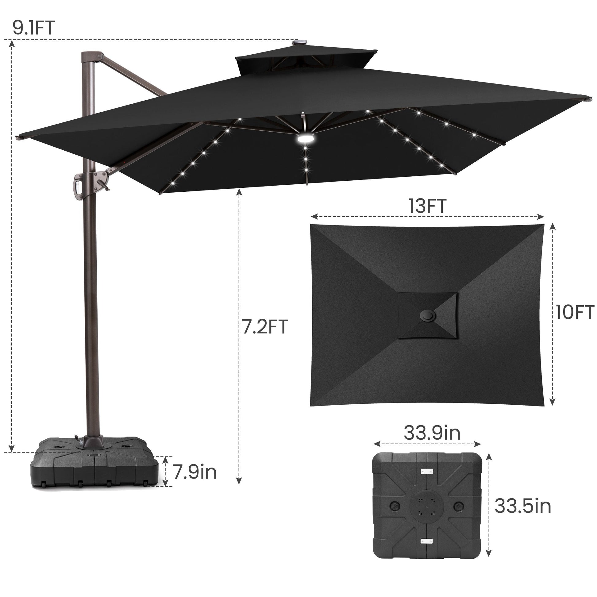 Size guide for Crestlive 13x10 ft black cantilever patio umbrella showing 9.1ft total height and 7.2ft canopy clearance