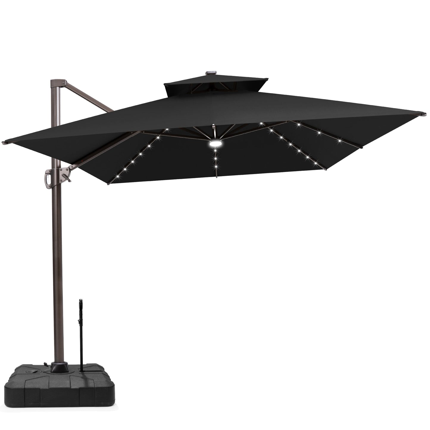 Crestlive 13x10 cantilever umbrella in black with LEDs and a heavy-duty wheeled base featuring a pull handle