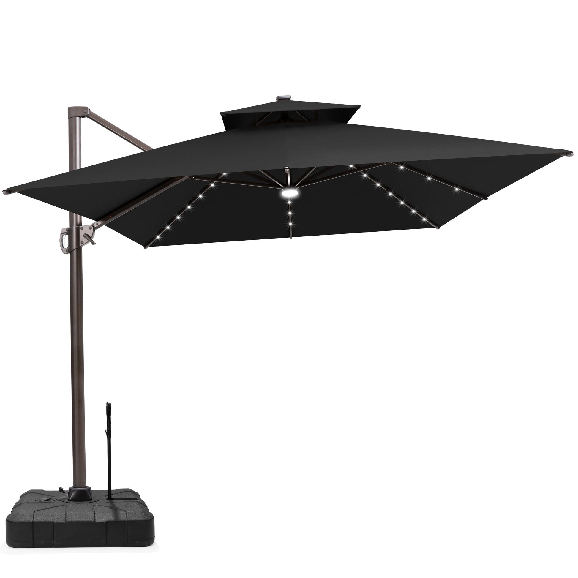 Crestlive 13x10 cantilever umbrella in black with LEDs and a heavy-duty wheeled base featuring a pull handle