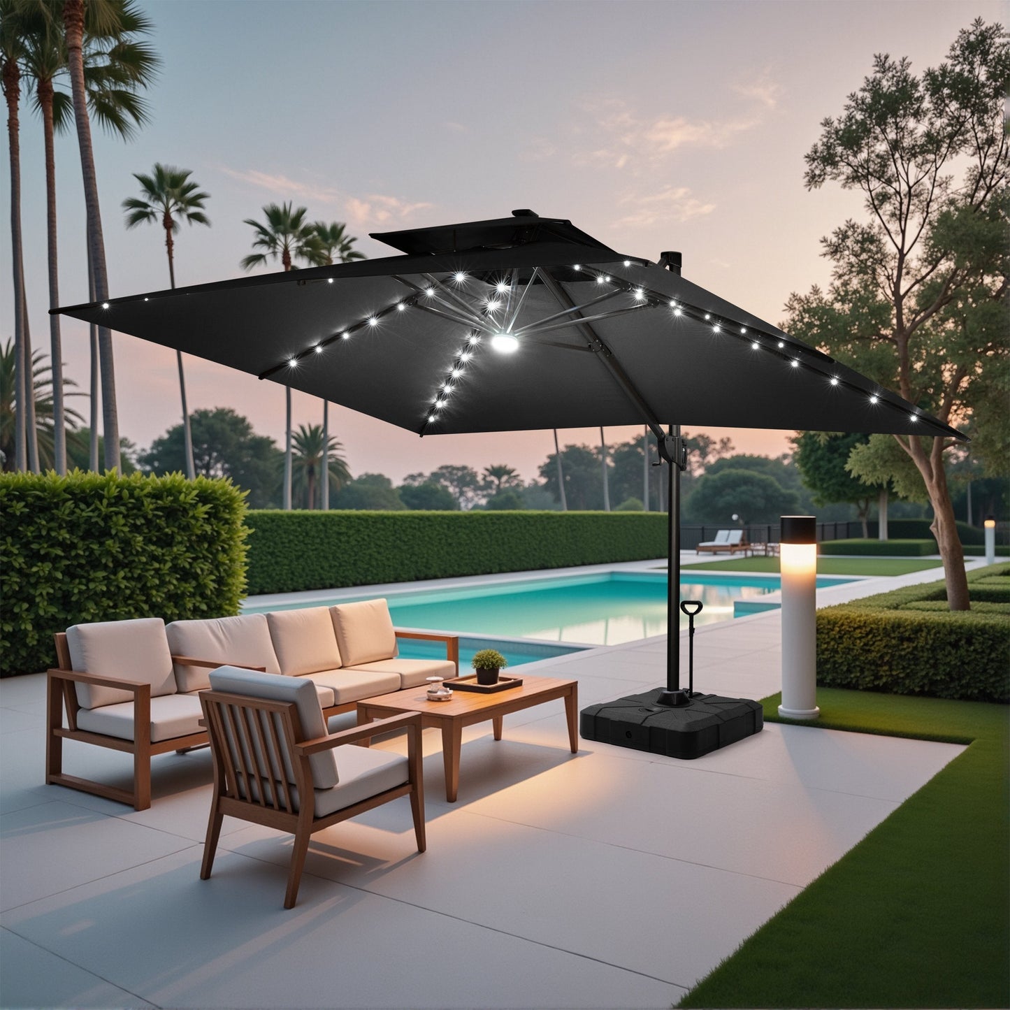 Crestlive large black cantilever umbrella with LED lights at a tropical luxury resort poolside lounge