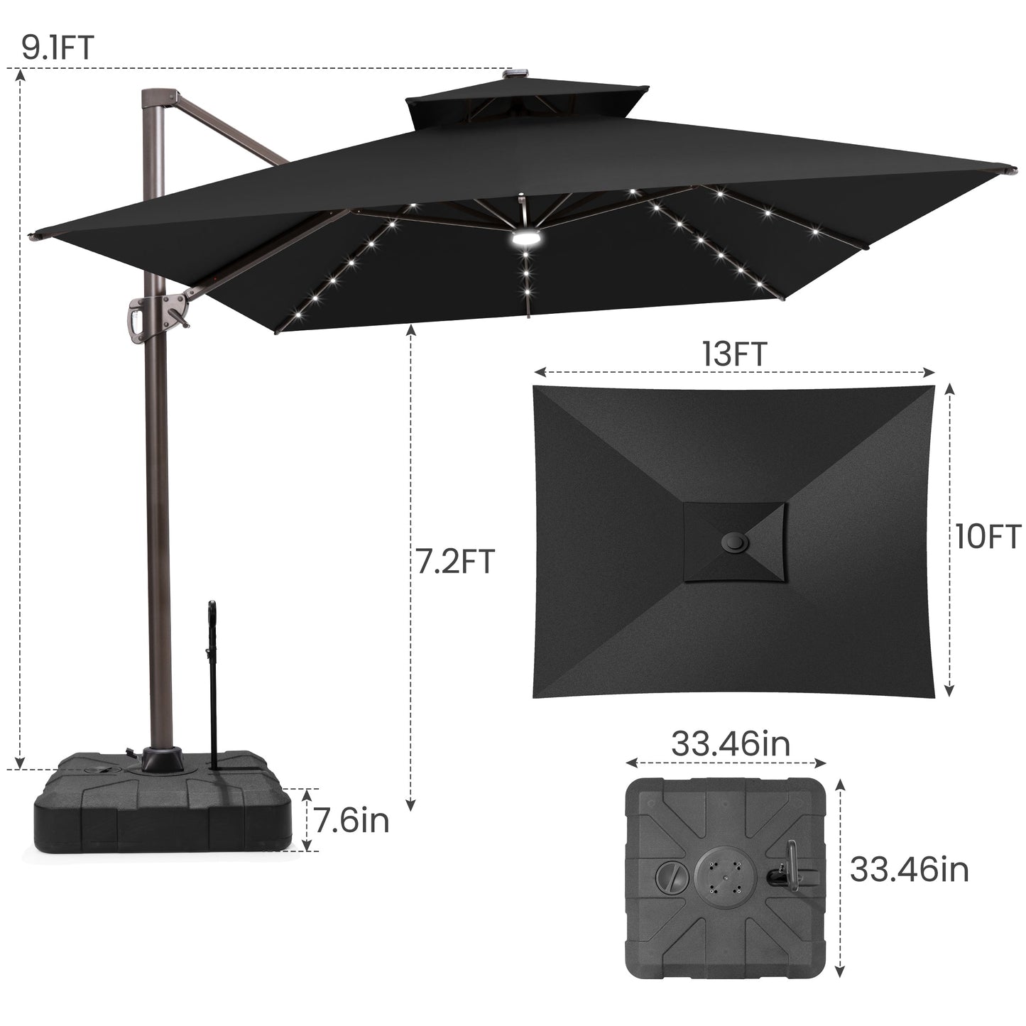 Size guide for Crestlive 13x10 ft black cantilever umbrella detailing 9.1ft height, 7.2ft clearance and base dimension