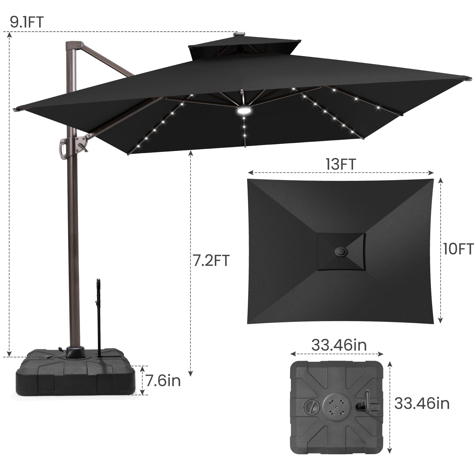 Size guide for Crestlive 13x10 ft black cantilever umbrella detailing 9.1ft height, 7.2ft clearance and base dimension