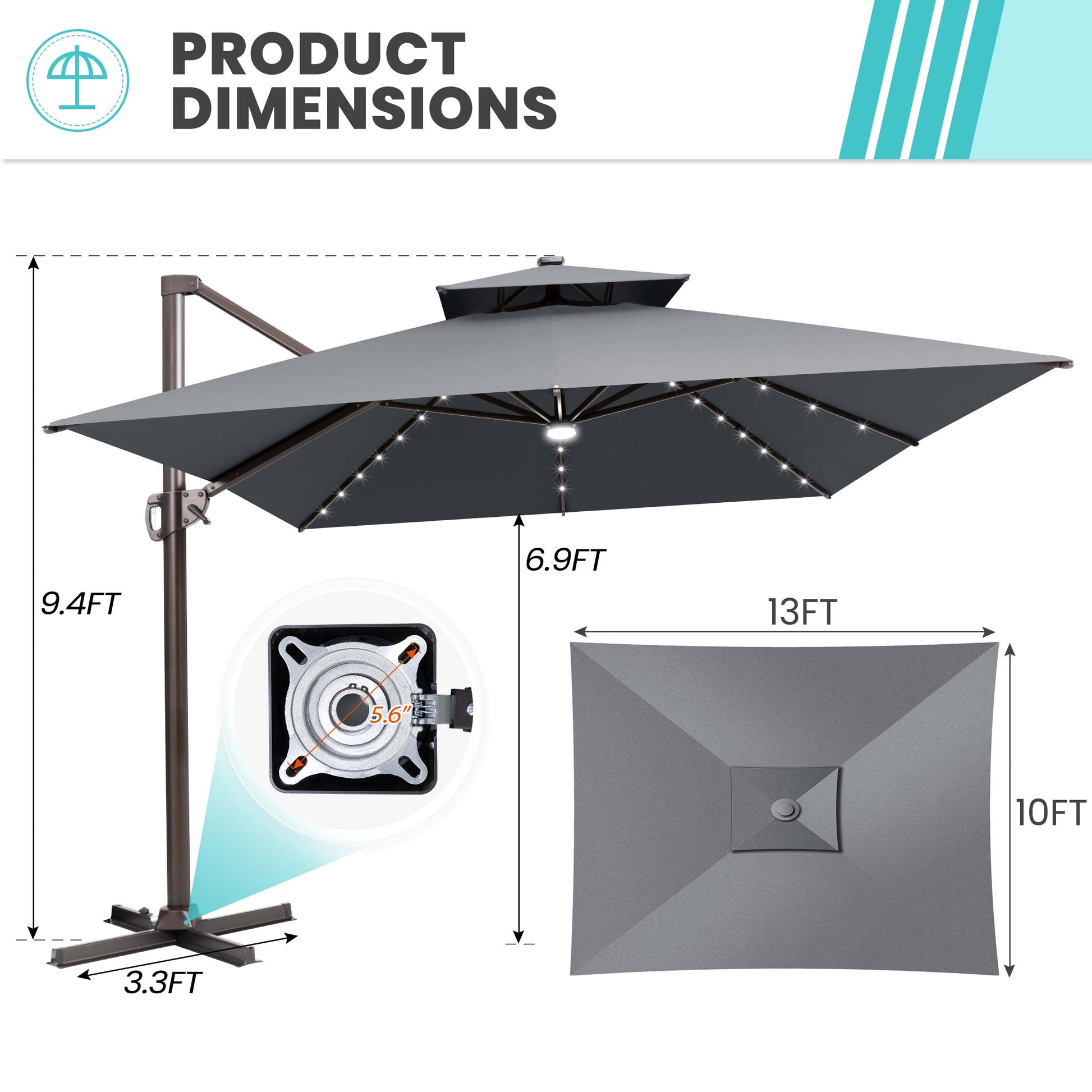 Size guide for Crestlive 13x10 ft dark grey cross base cantilever umbrella showing 9.4ft height and 5.6 inch hole distance