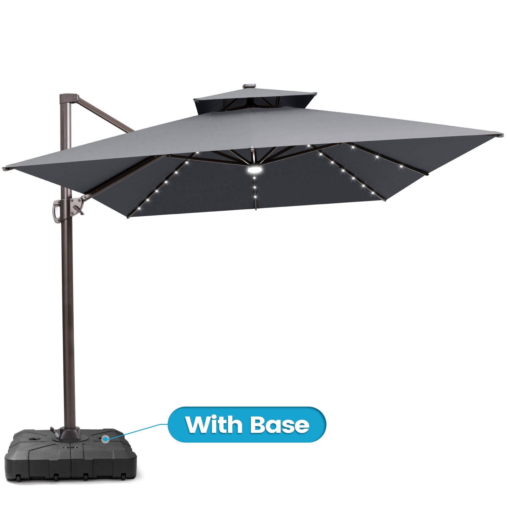 Crestlive 13x10 ft dark grey rectangular cantilever patio umbrella with LED lights, double top, and heavy-duty base
