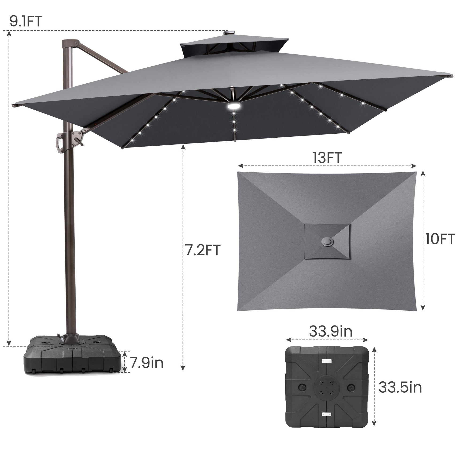 Size guide for Crestlive 13x10 ft dark grey cantilever patio umbrella showing 9.1ft total height and 7.2ft canopy clearance