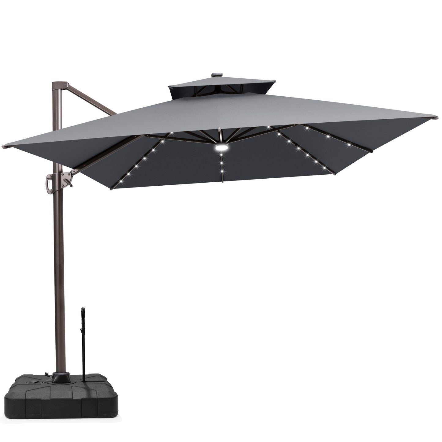 Crestlive 13x10 ft dark grey cantilever umbrella with LEDs and a heavy-duty wheeled base featuring a pull handle