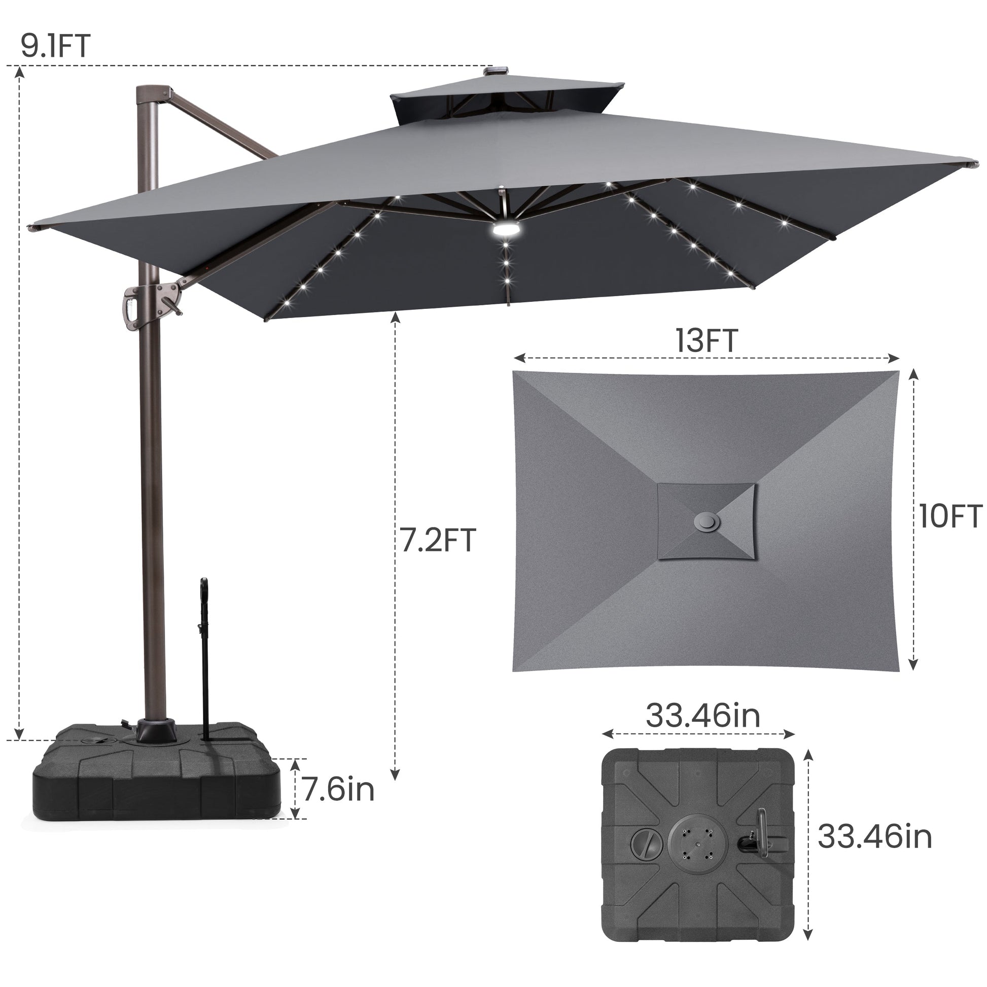 Size guide for Crestlive 13x10 ft dark grey cantilever umbrella detailing 9.1ft height, 7.2ft clearance and base dimensions