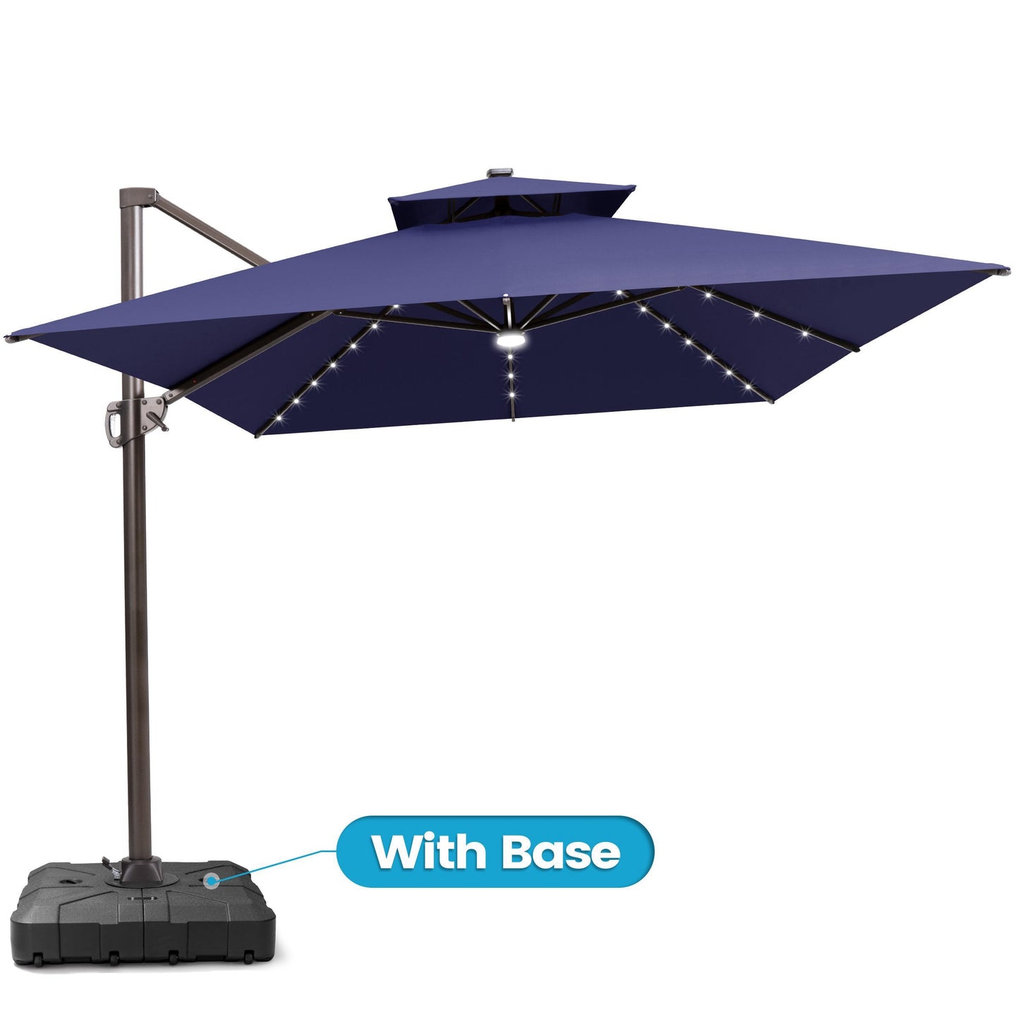Crestlive 13x10 ft navy blue rectangular cantilever patio umbrella with LED lights, double top, and heavy-duty base
