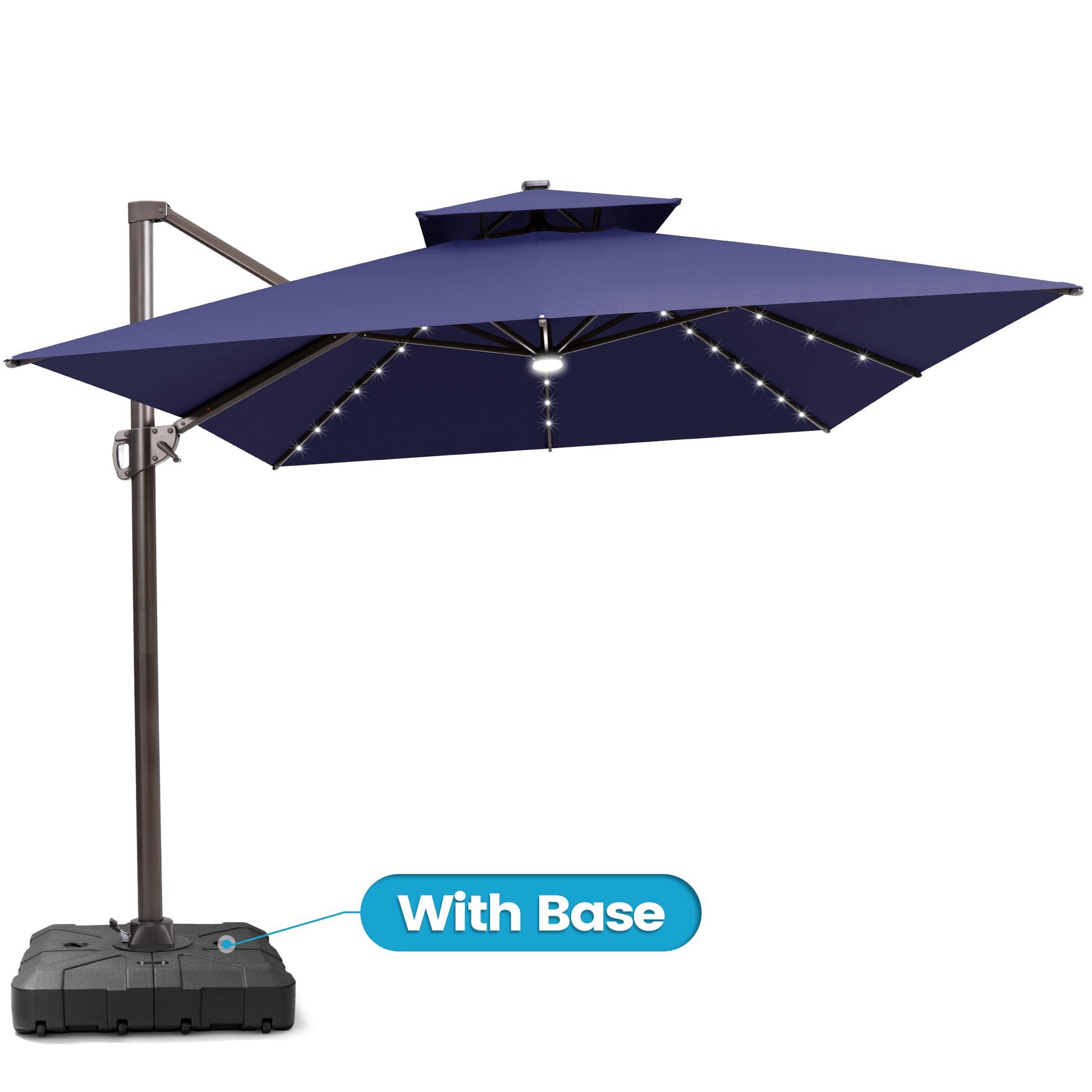 Crestlive 13x10 ft navy blue rectangular cantilever patio umbrella with LED lights, double top, and heavy-duty base
