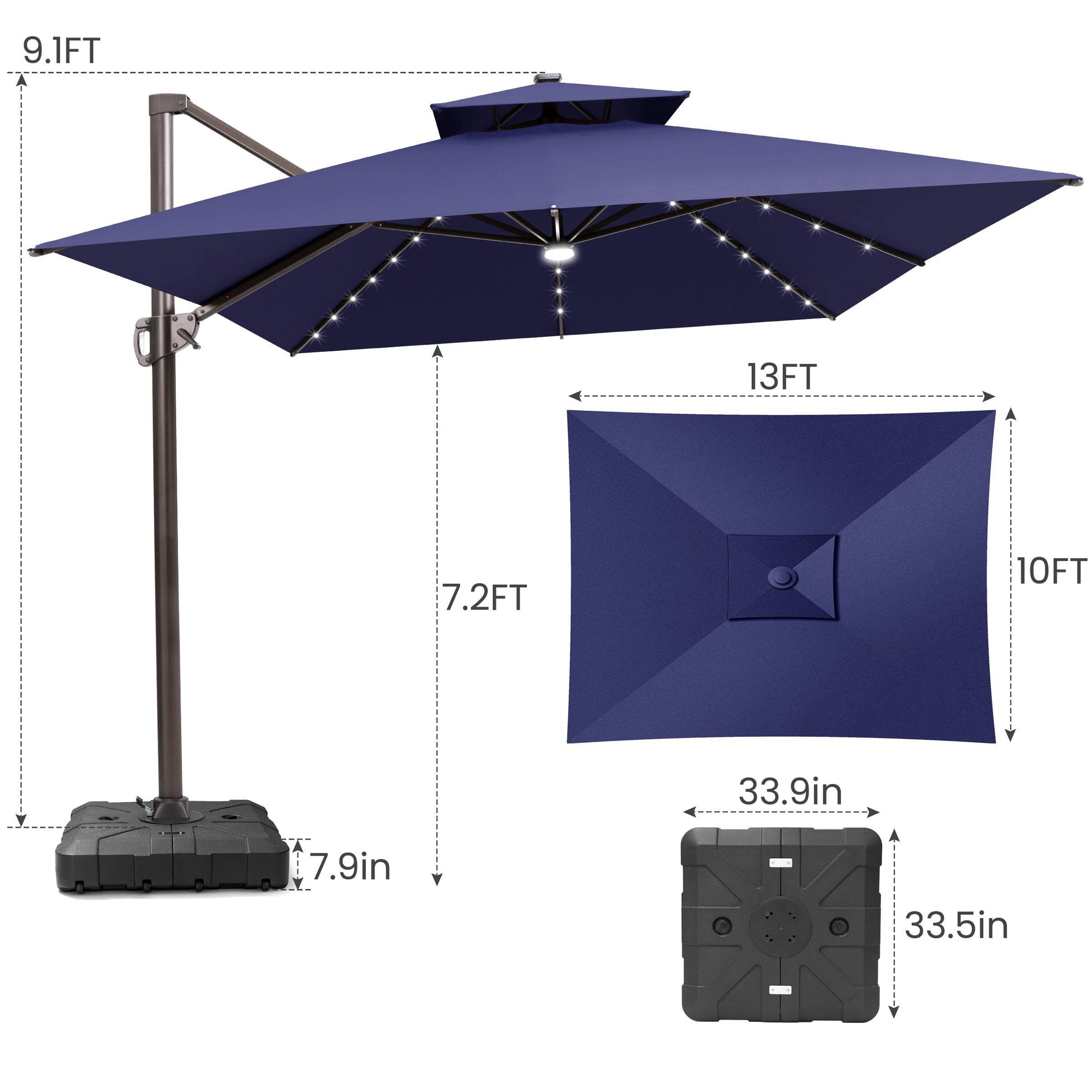 Size guide for Crestlive 13x10 ft navy blue cantilever patio umbrella showing 9.1ft total height and 7.2ft canopy clearance