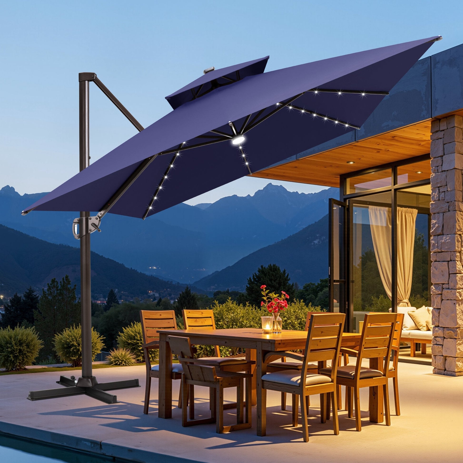 Crestlive tilted navy blue cantilever umbrella with cross base shading an outdoor wooden dining set at dusk