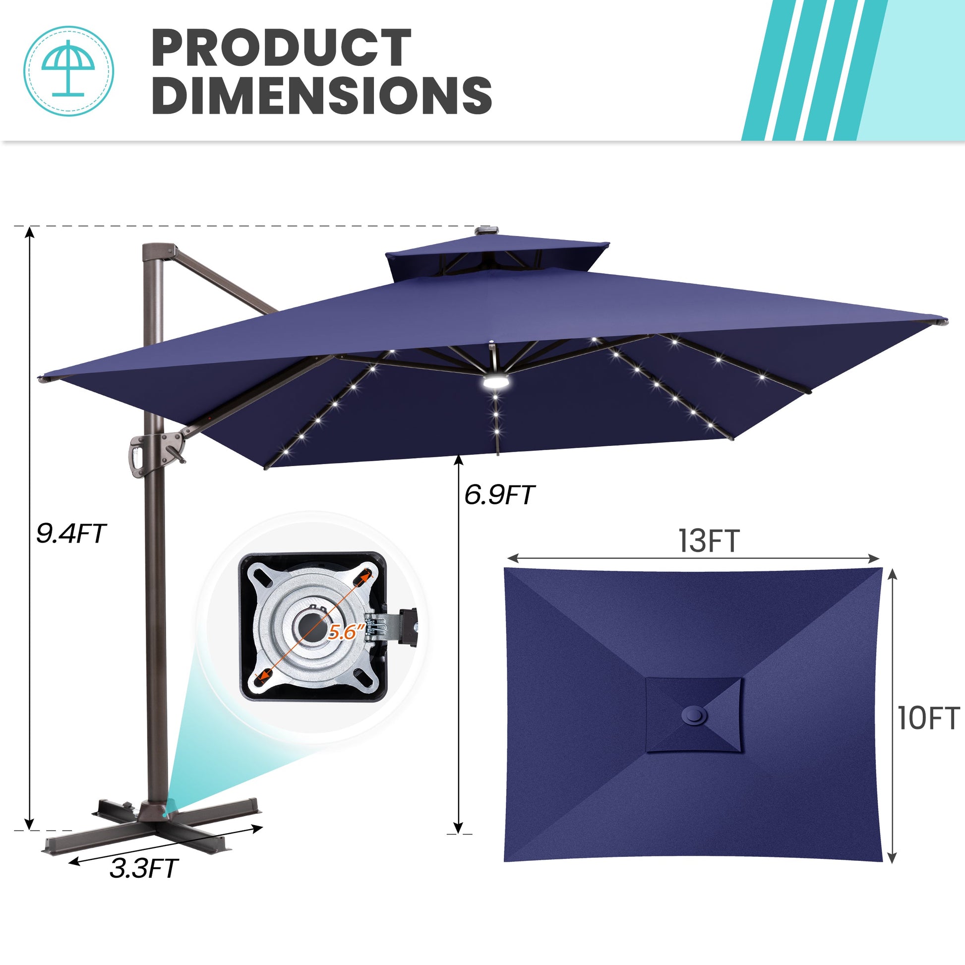 Size guide for Crestlive 13x10 ft navy blue cross base cantilever umbrella showing 9.4ft height and 5.6 inch hole distance