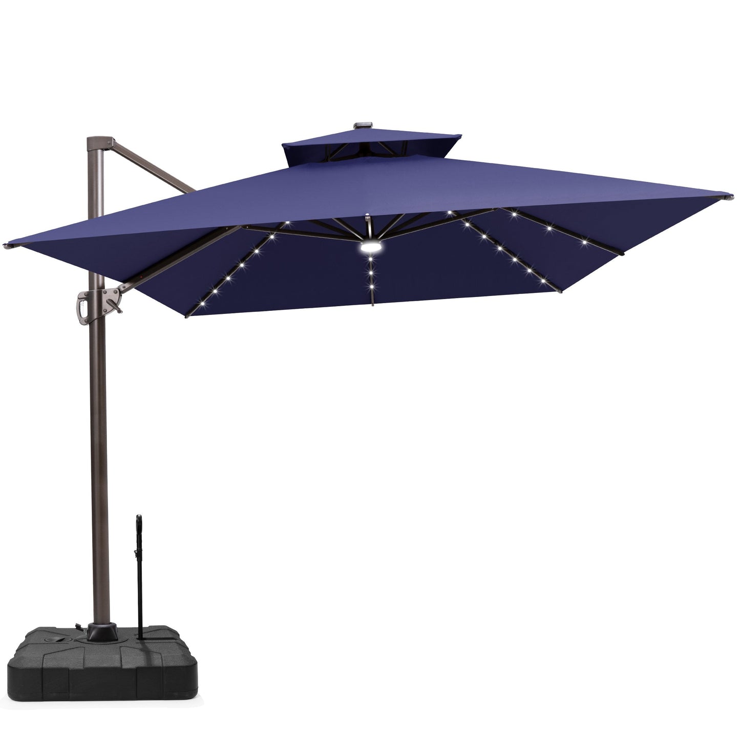 Crestlive 13x10 ft navy blue cantilever umbrella with LEDs and a heavy-duty wheeled base featuring a pull handle