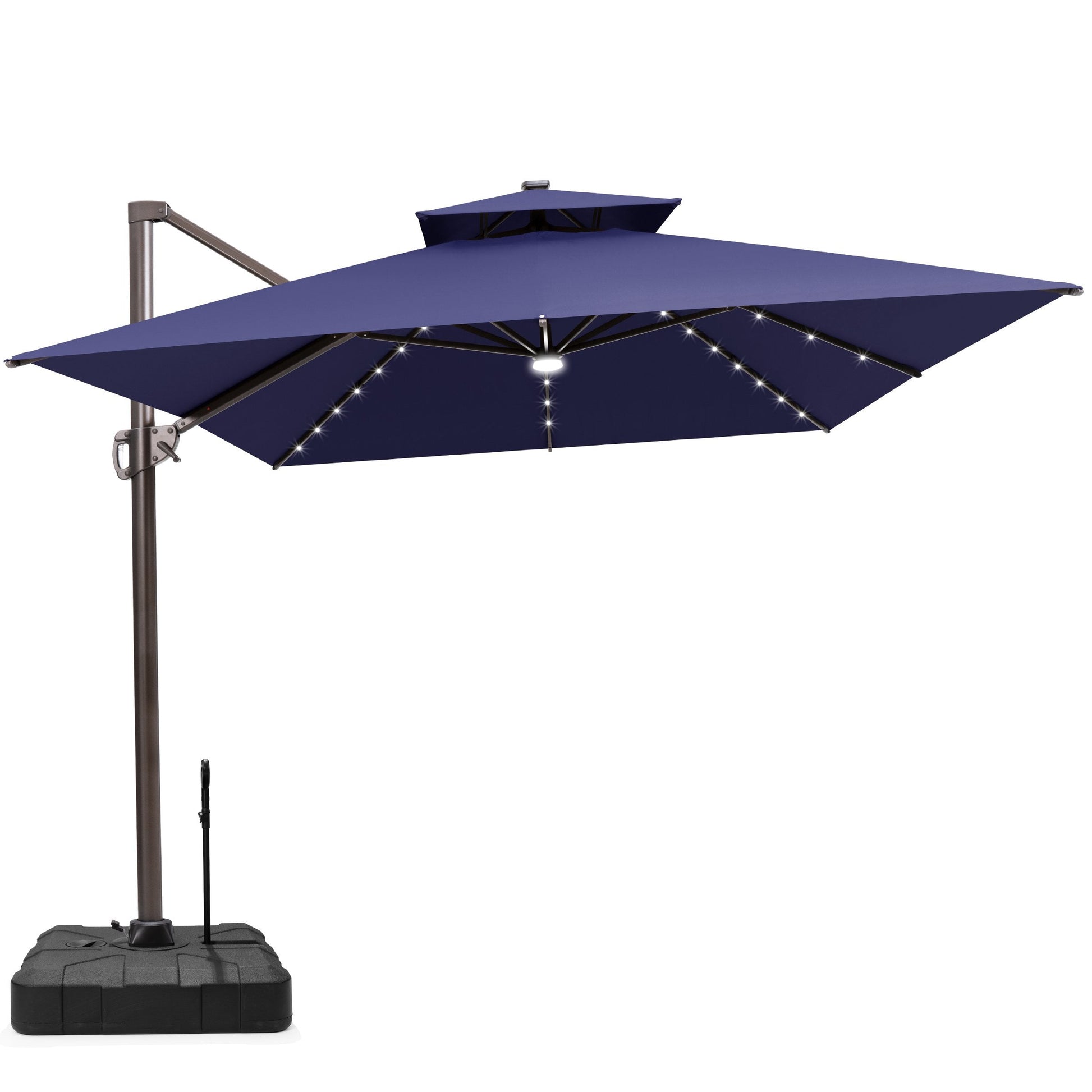 Crestlive 13x10 ft navy blue cantilever umbrella with LEDs and a heavy-duty wheeled base featuring a pull handle