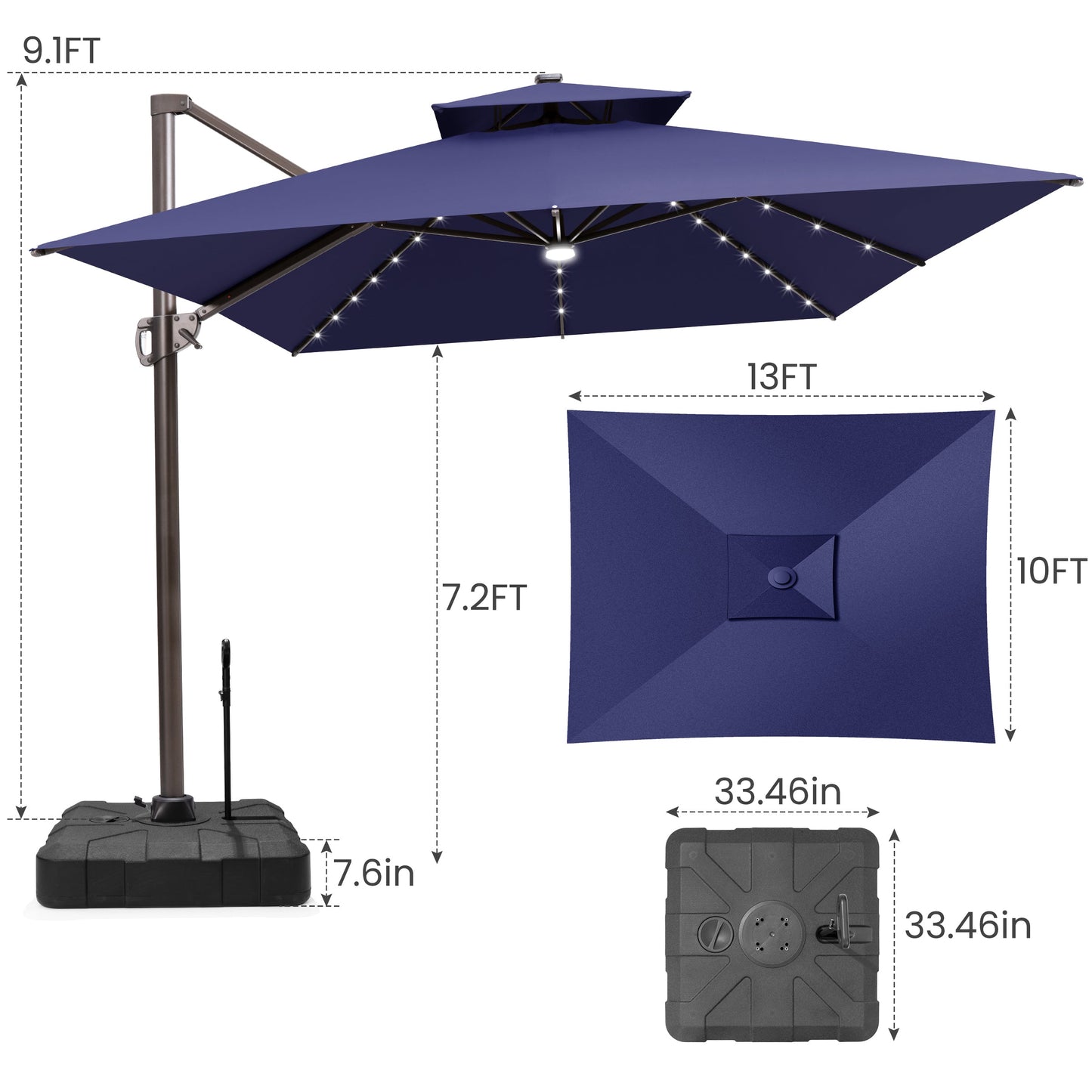Size guide for Crestlive 13x10 ft navy blue cantilever umbrella detailing 9.1ft height, 7.2ft clearance and base dimensions