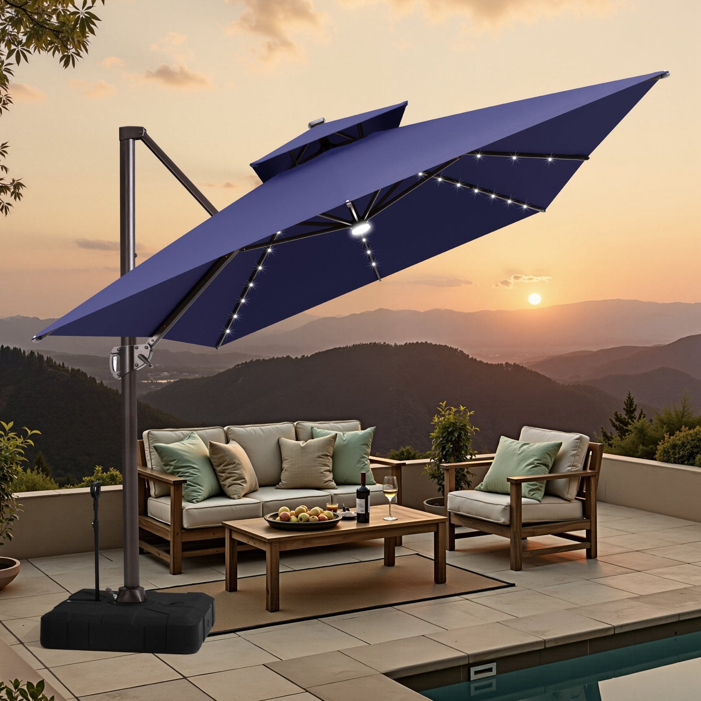 Crestlive tilted navy blue cantilever umbrella shading a mountain view poolside wooden conversation set