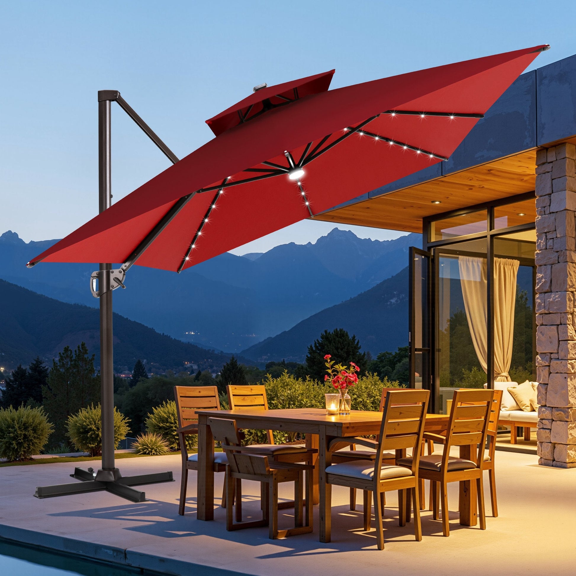 Crestlive tilted red cantilever umbrella with cross base shading an outdoor wooden dining set at dusk