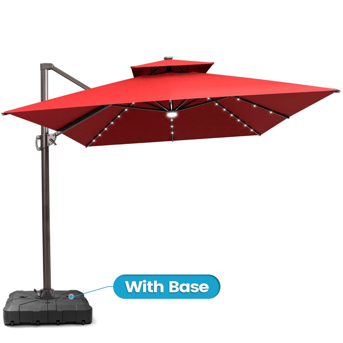 Crestlive 13x10 ft red rectangular cantilever patio umbrella with LED lights, double top, and heavy-duty base