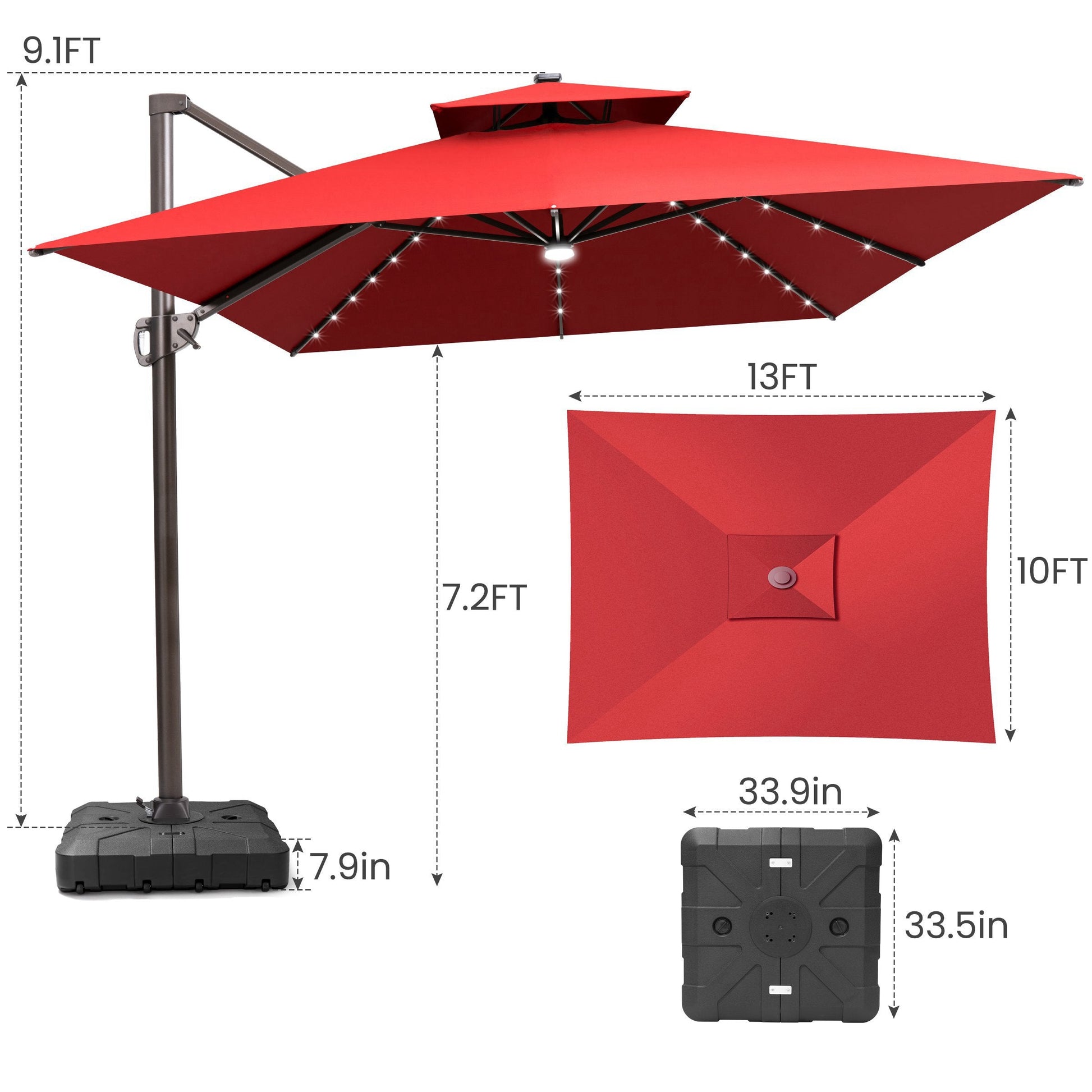 Size guide for Crestlive 13x10 ft red cantilever patio umbrella showing 9.1ft total height and 7.2ft canopy clearance
