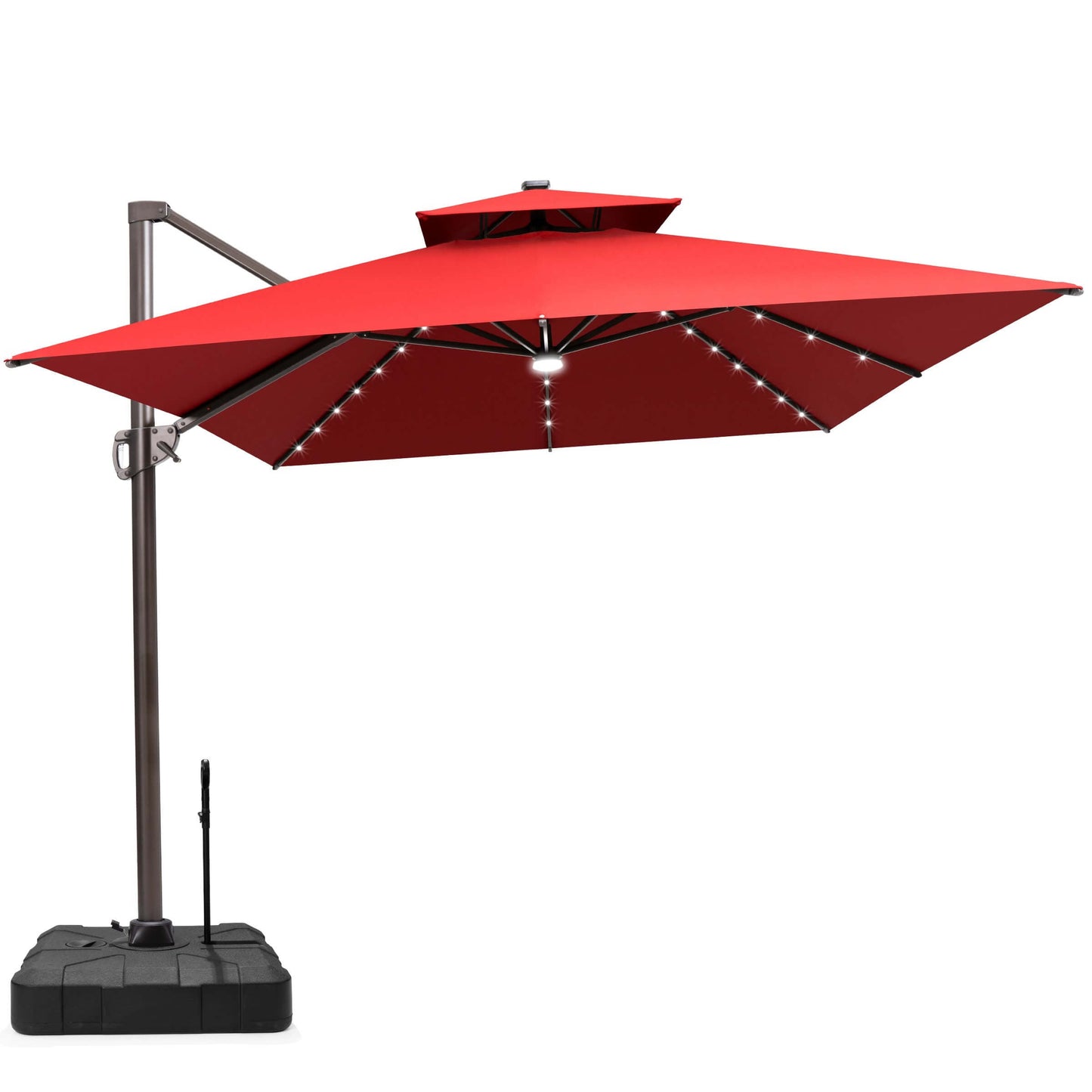 Crestlive 13x10 ft red cantilever umbrella with LEDs and a heavy-duty wheeled base featuring a pull handle