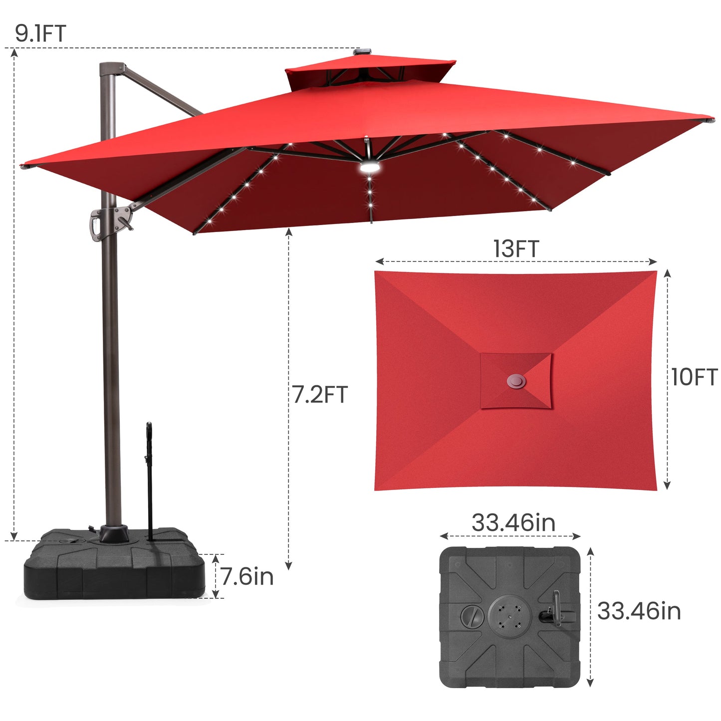 Size guide for Crestlive 13x10 ft red cantilever patio umbrella showing 9.1ft total height and 7.2ft canopy clearance