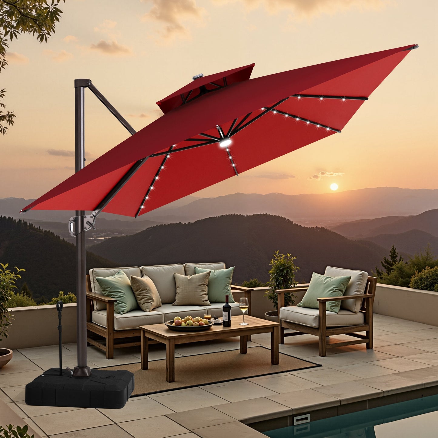 Crestlive tilted red cantilever umbrella with LED lights shading a mountain view poolside wooden lounge set at sunset