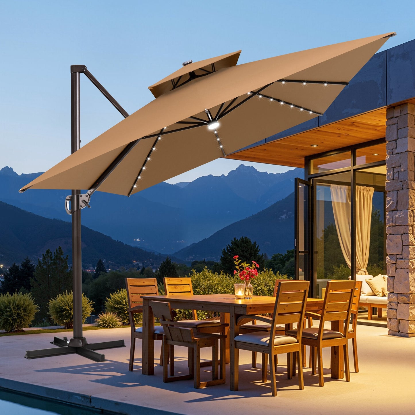 Crestlive tilted cantilever umbrella with cross base shading an outdoor wooden dining set at dusk