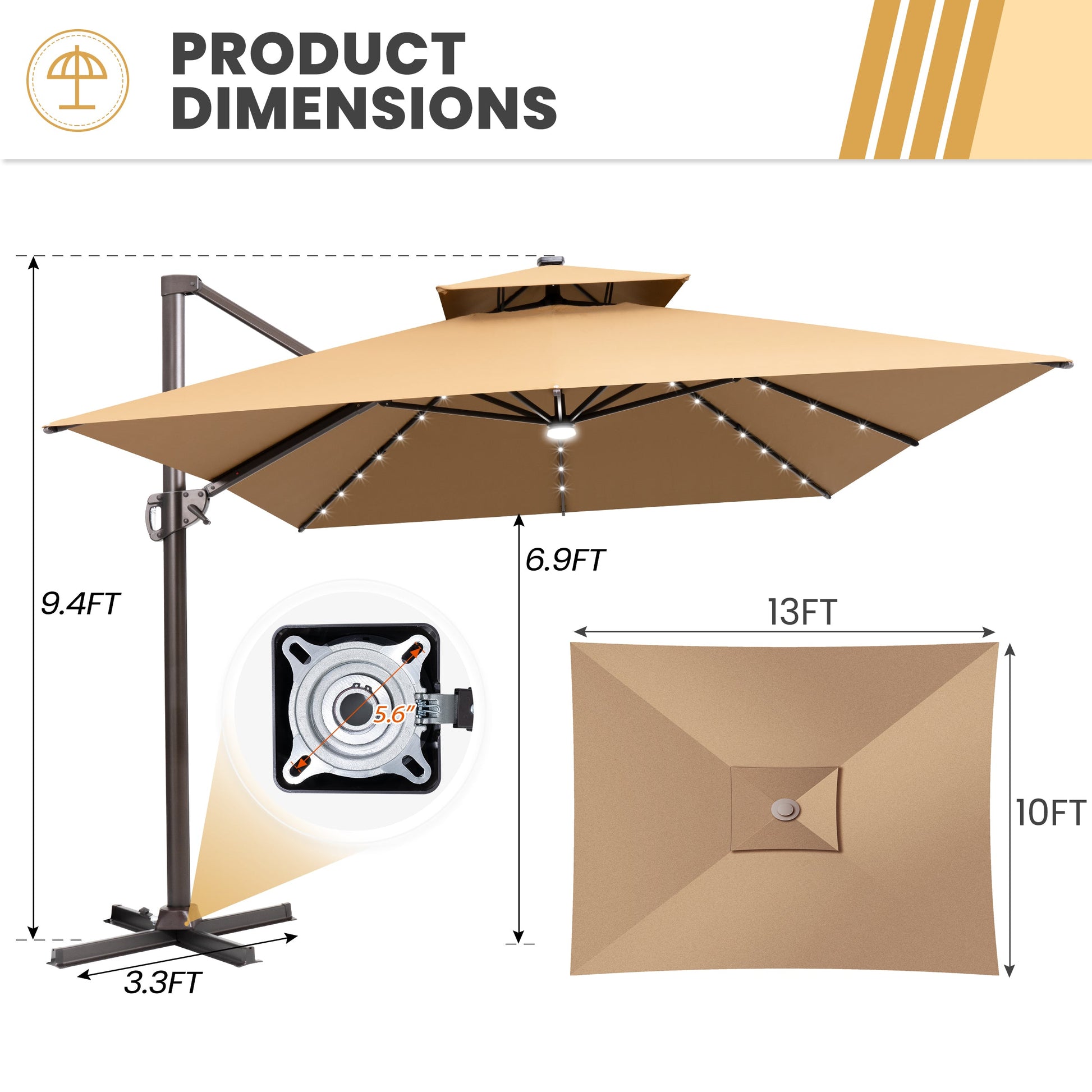 Size guide for Crestlive 13x10 ft cross base cantilever umbrella showing 9.4ft height and 5.6 inch hole distance