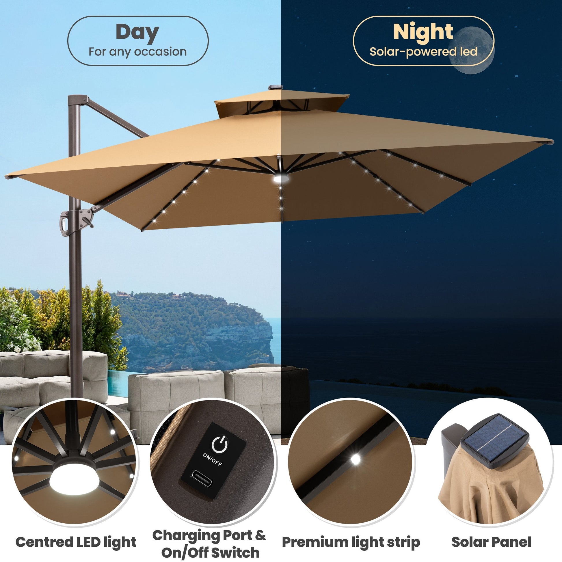 Crestlive 13x10 ft beige rectangular cantilever umbrella showing day/night use with integrated solar LED lights and close-ups