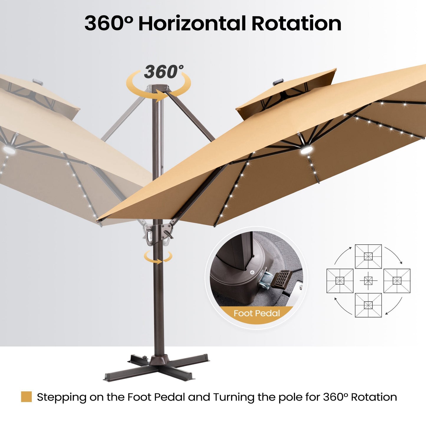 Crestlive cantilever patio umbrella demonstrating 360-degree horizontal rotation using a foot pedal