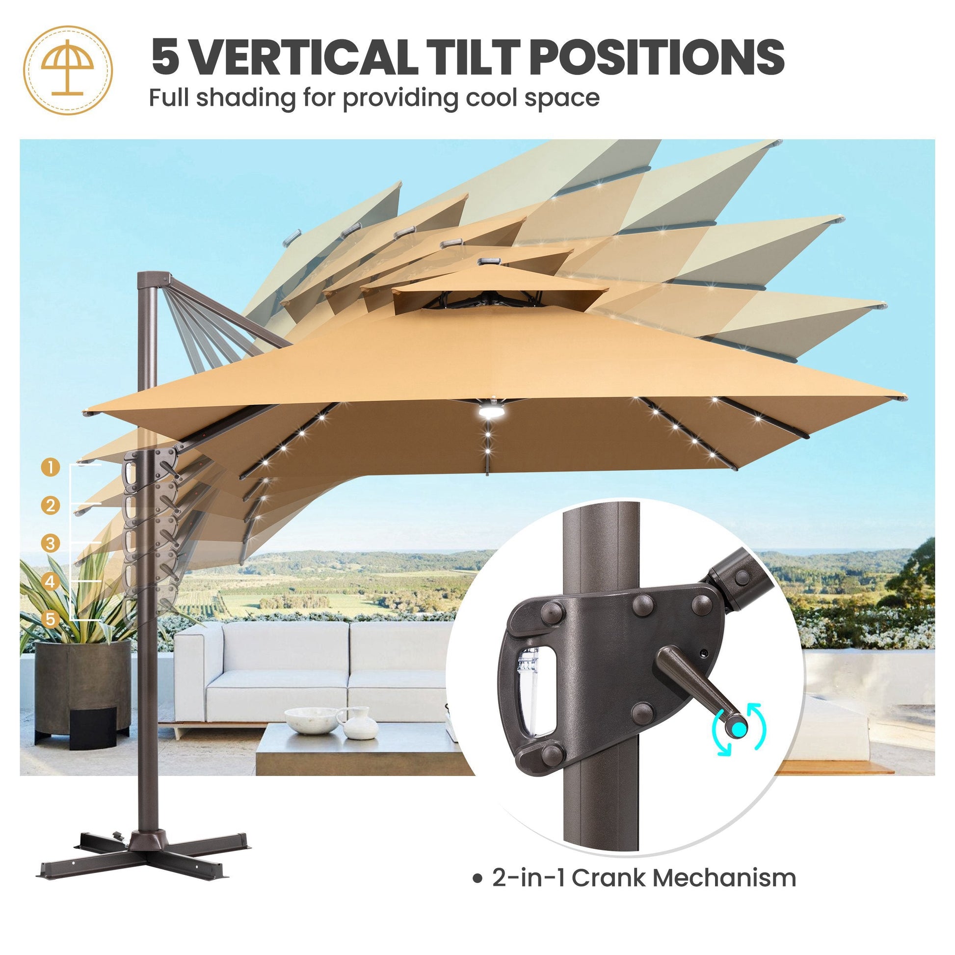 Crestlive beige cantilever umbrella demonstrating 5 vertical tilt positions and a 2-in-1 crank lift mechanism