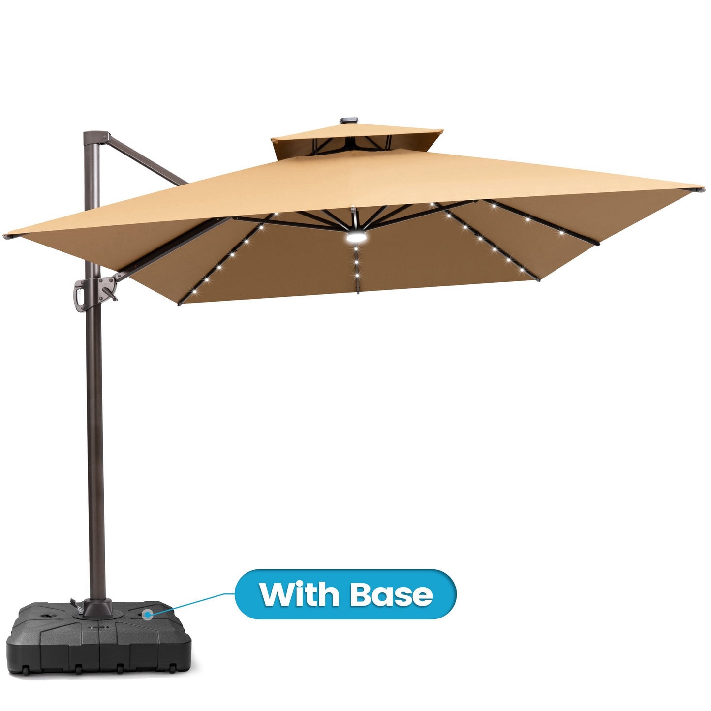 Crestlive 13x10 ft beige rectangular cantilever patio umbrella with LED lights, double top, and heavy-duty base