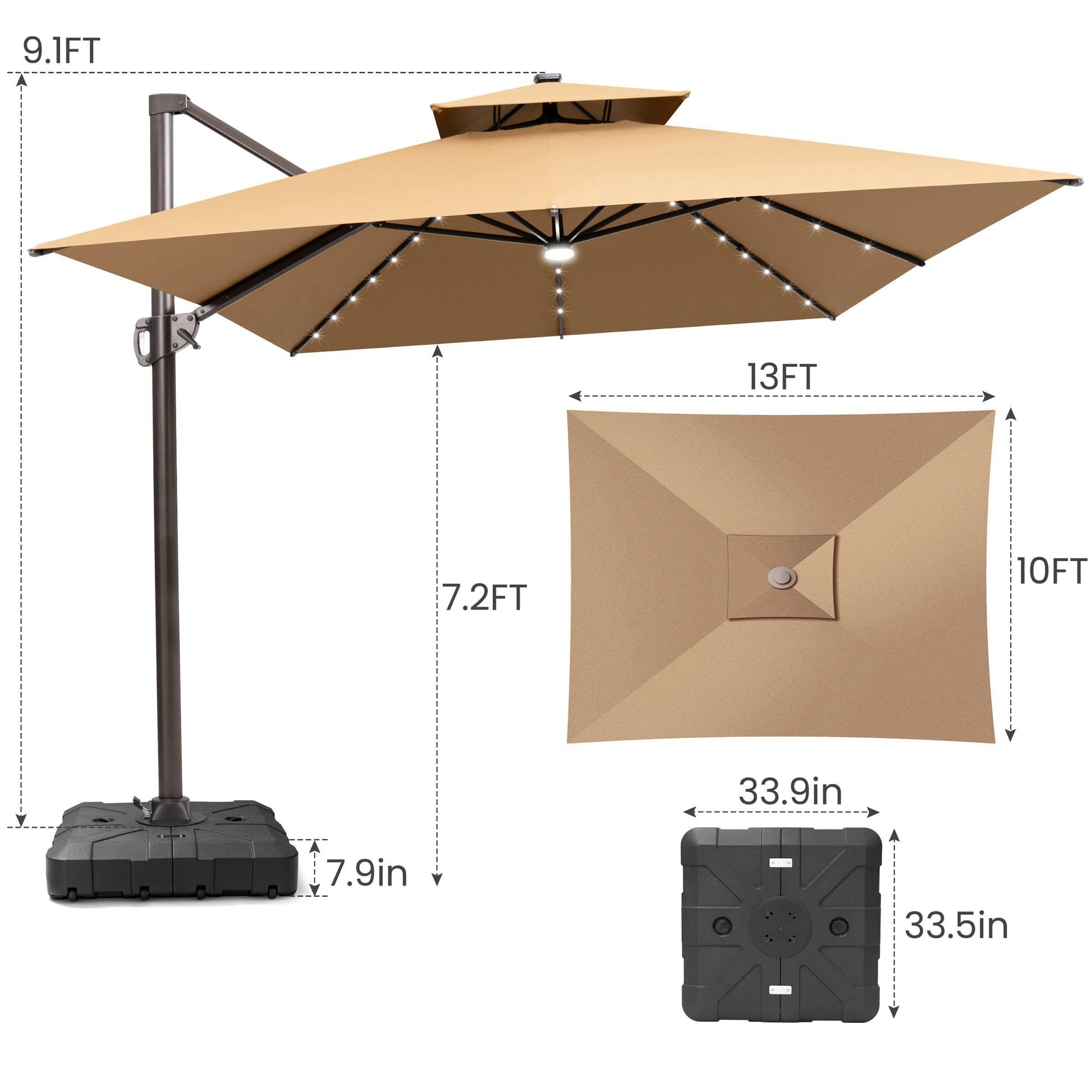 Size guide for Crestlive 13x10 ft cantilever patio umbrella showing 9.1ft total height and 7.2ft canopy clearance