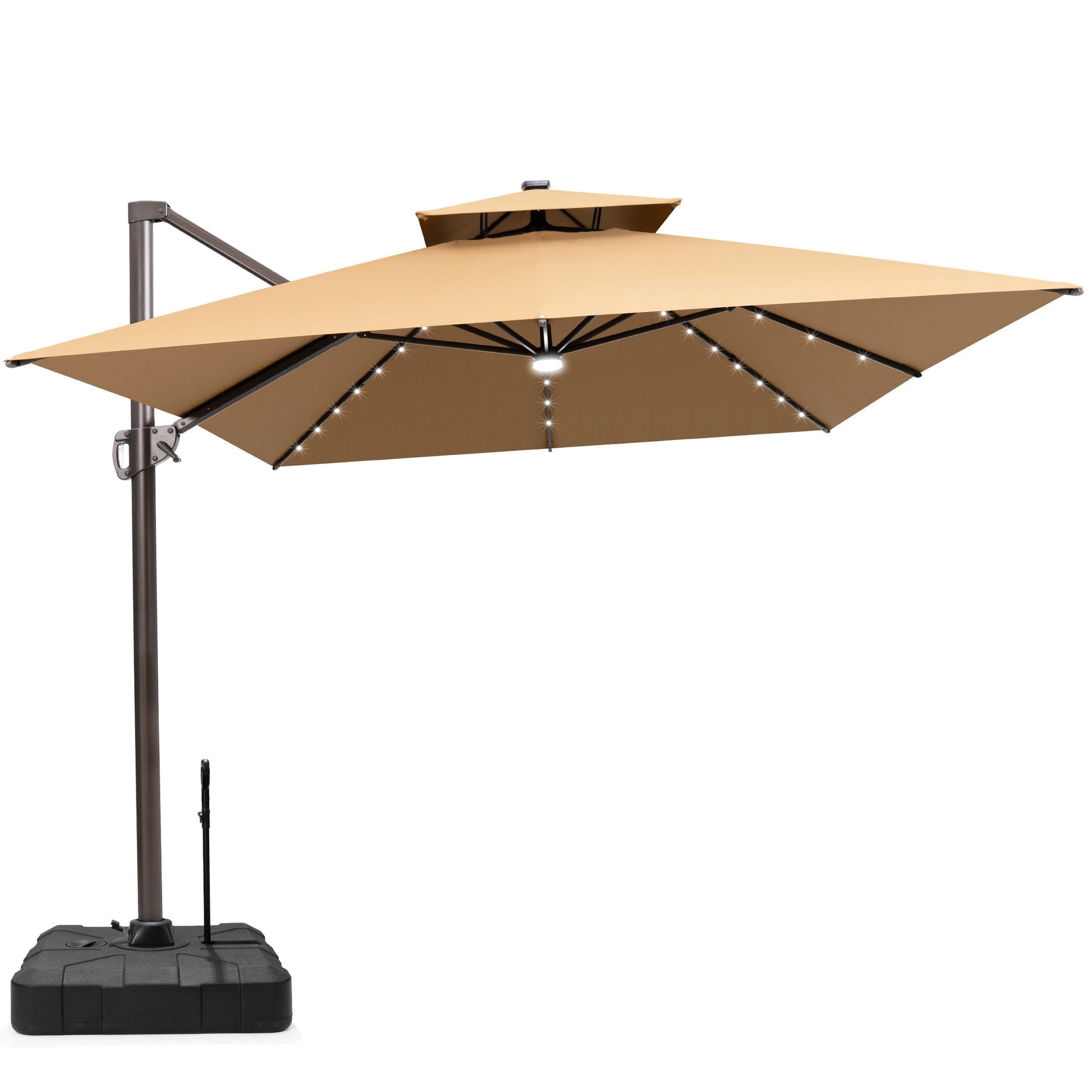 Crestlive 13x10 cantilever umbrella in beige with LEDs and a heavy-duty wheeled base featuring a pull handle