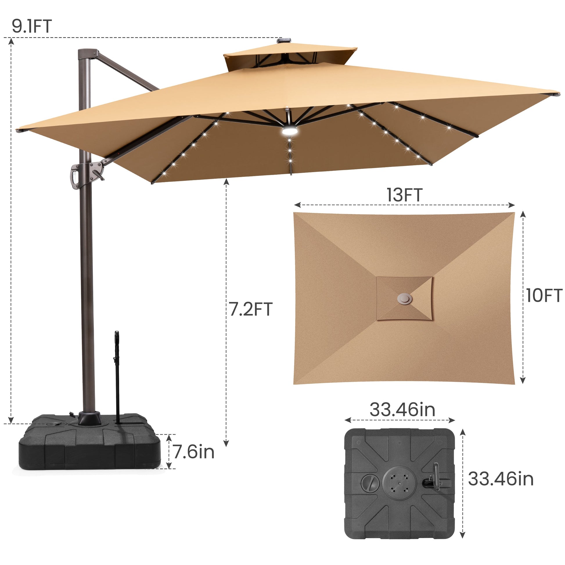 Size guide for Crestlive 13x10 cantilever umbrella detailing 9.1ft height, 7.2ft clearance and base dimensions