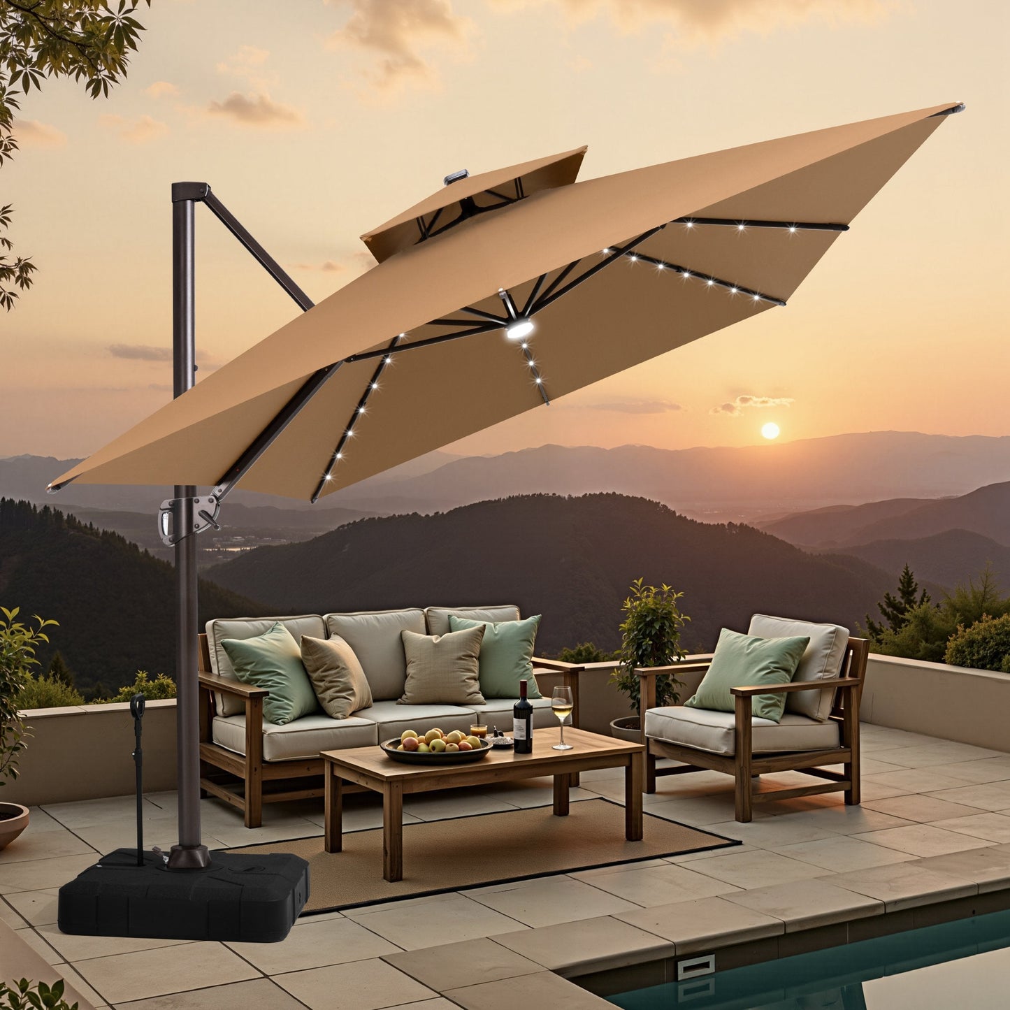 Crestlive tilted cantilever umbrella with LEDs shading a poolside patio set against a mountain sunset