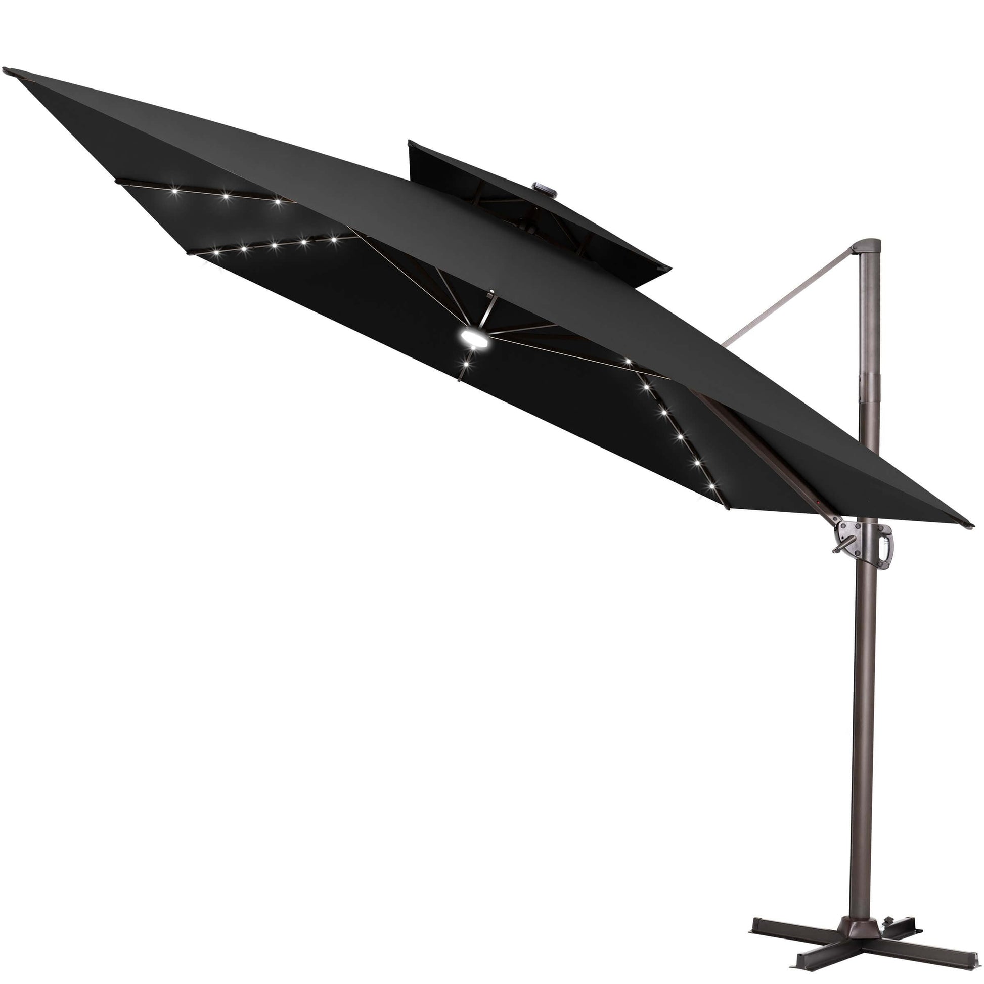 Black double tier cantilever umbrella with LED lights and cross base.