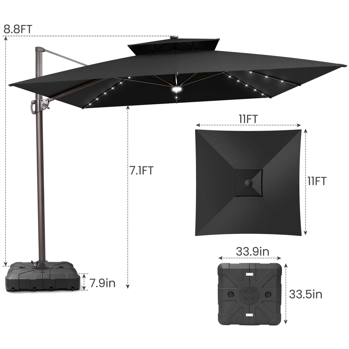 Dimensions of 11x11 FT black LED cantilever umbrella with wheeled base.