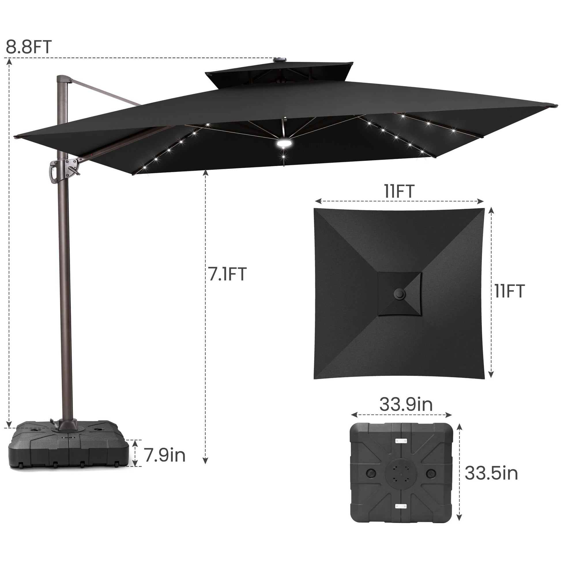 Dimensions of 11x11 FT black LED cantilever umbrella with wheeled base.