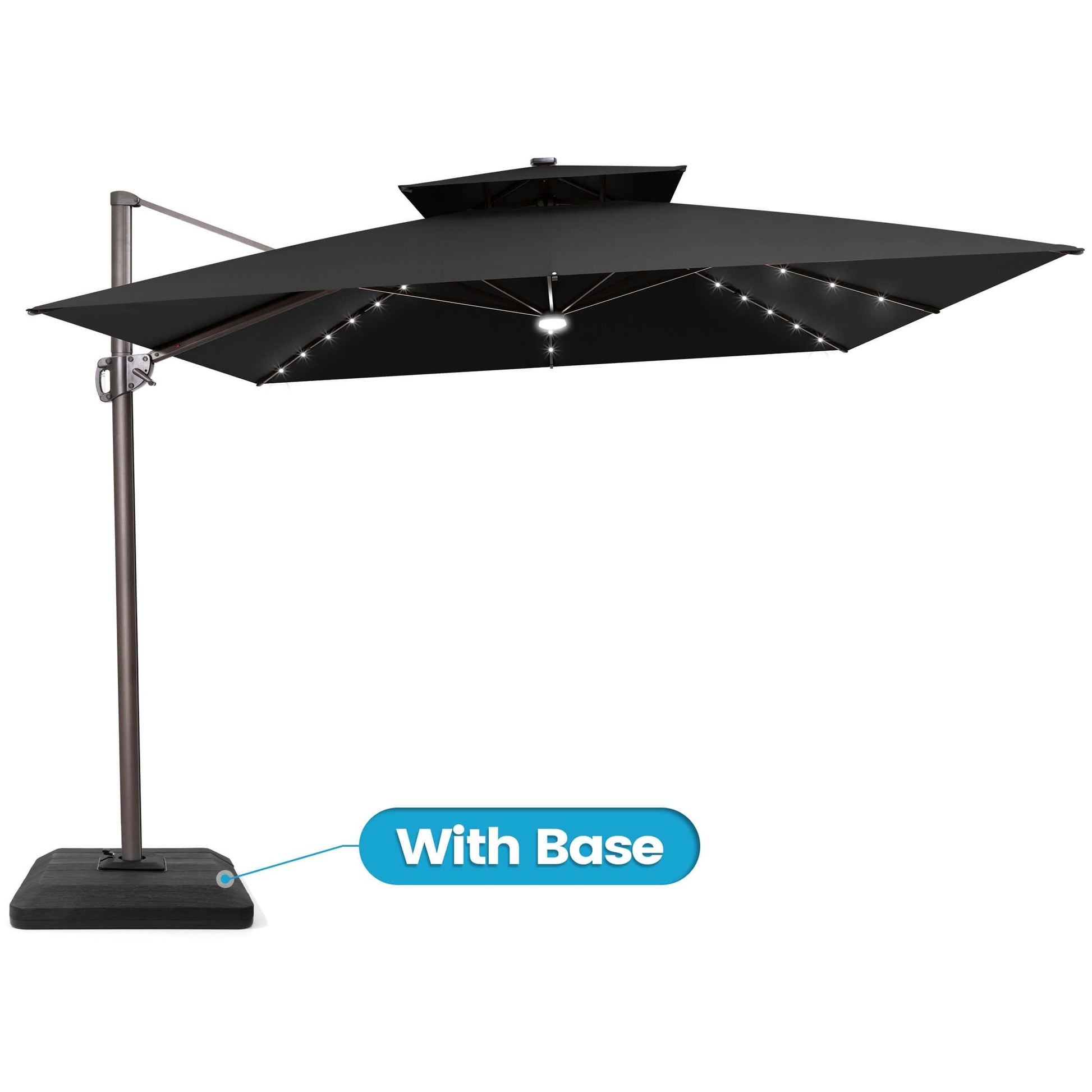 Black LED cantilever umbrella with weighted base.