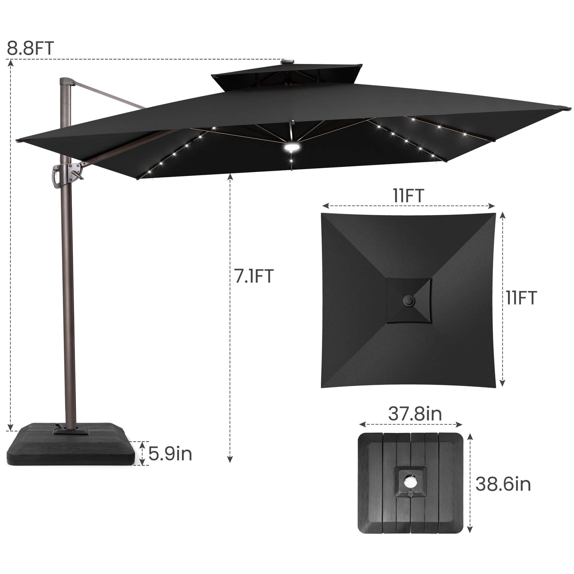 Dimensions of 11x11 FT black LED cantilever umbrella with weighted base.