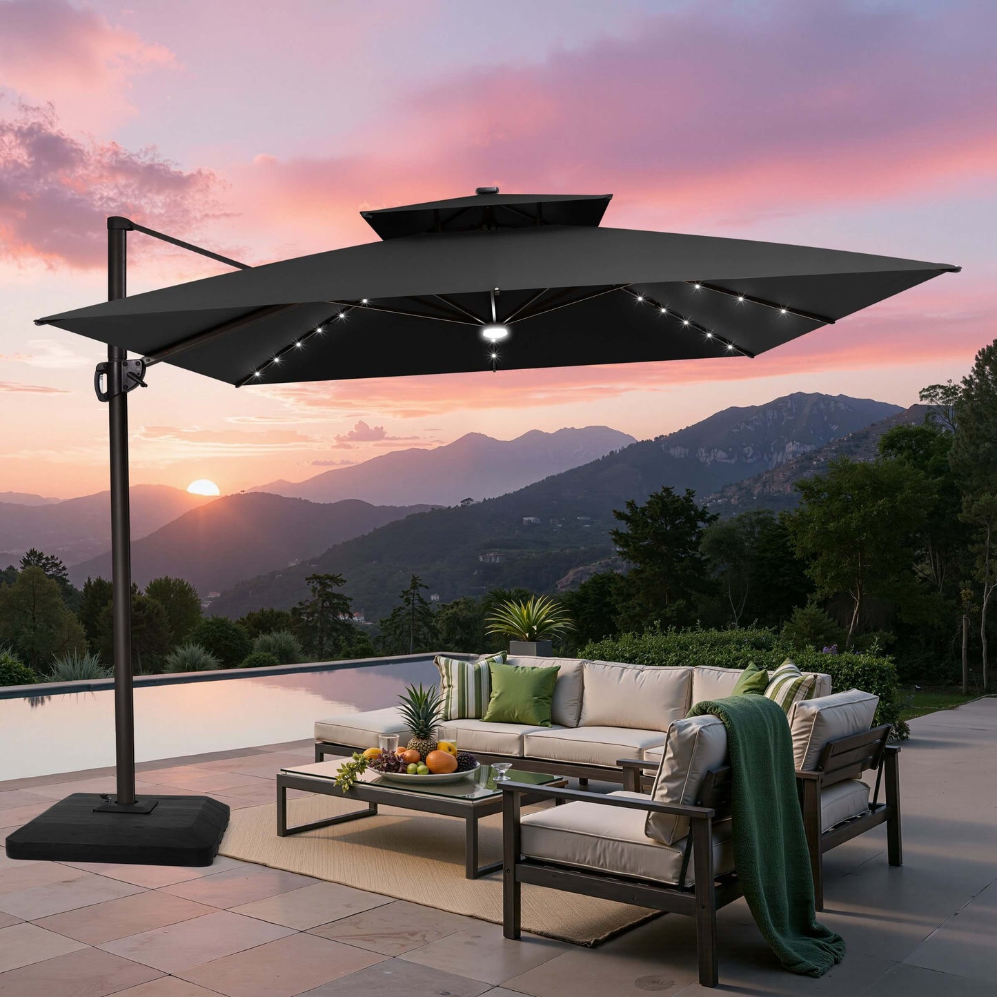 Black LED cantilever umbrella with weighted base over patio at sunset.
